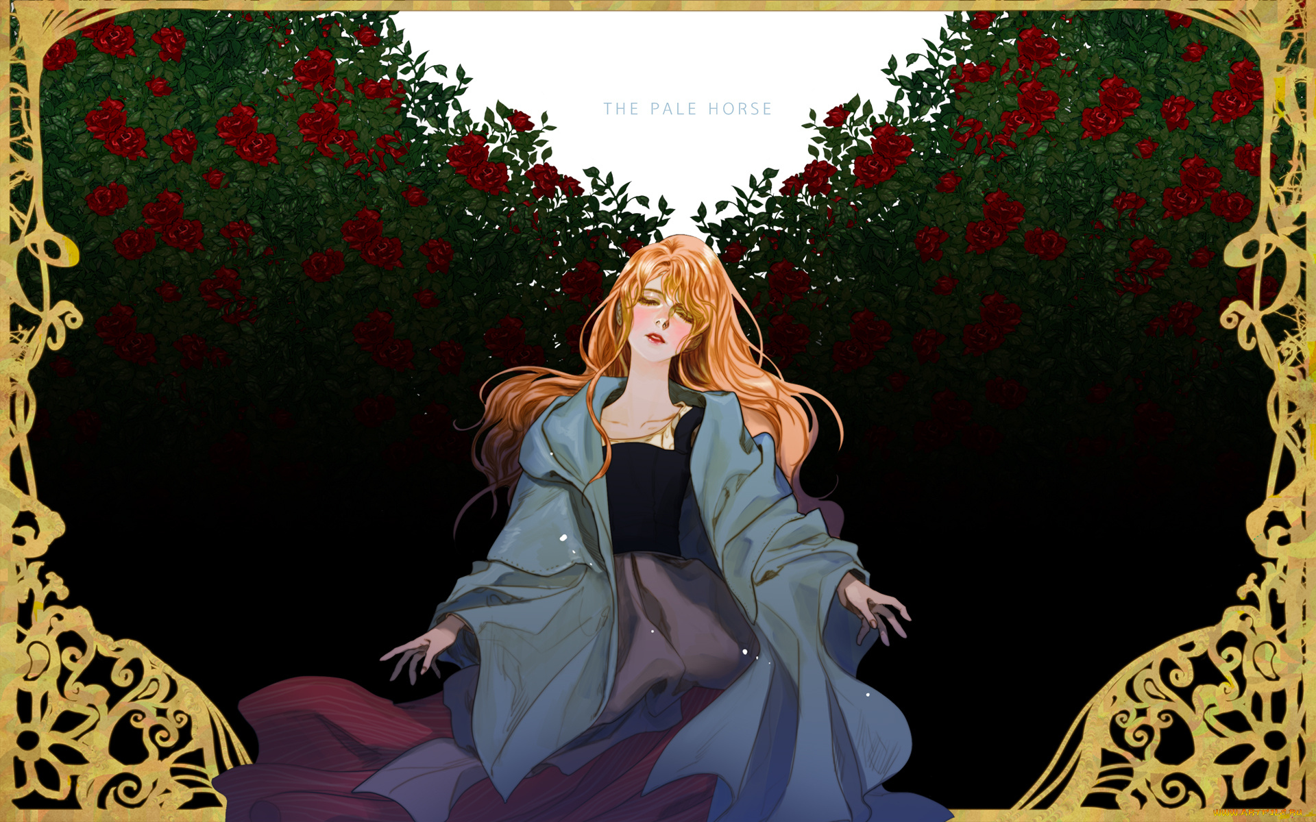 аниме, unknown, , другое, the, pale, horse, choo, haeyun, art, румянец, рамка, розы, кусты, рыжая