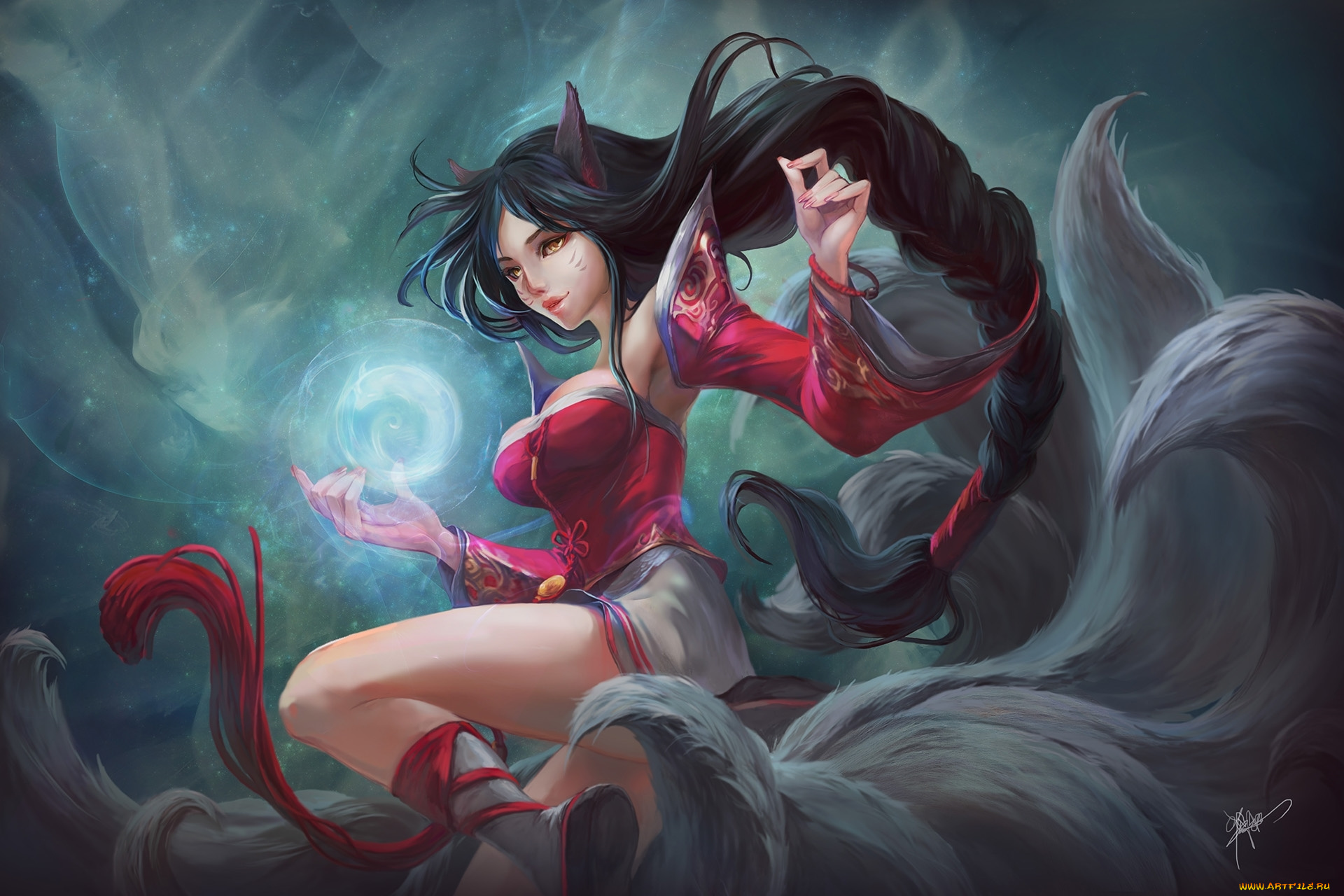 видео, игры, league, of, legends, nine, tailed, fox, art, league, of, legends, кицуне, девушка, kitsune, ears, girl, ари, коса, фэнтези, ahri, braid, магия, magic, fantasy, фанарт, fanart, рисунок, арт, девятихвостая, лиса, brunette, брюнетка, by, koloromuj, ушки, mimi