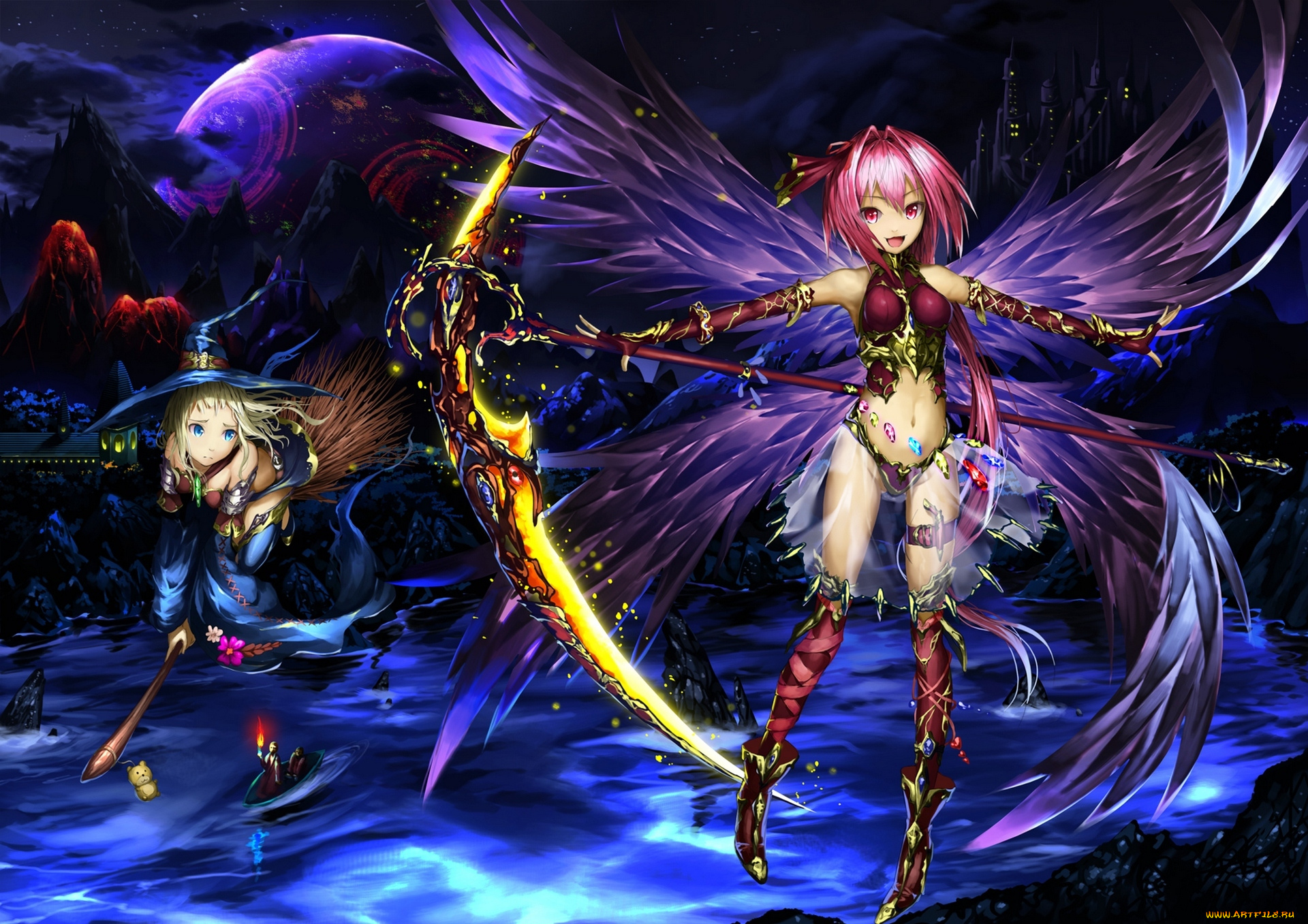 аниме, ангелы, , демоны, арт, tyappygain, девушки, крылья, оружие, коса, шляпа, ведьмы, метла, луна, замок, горы