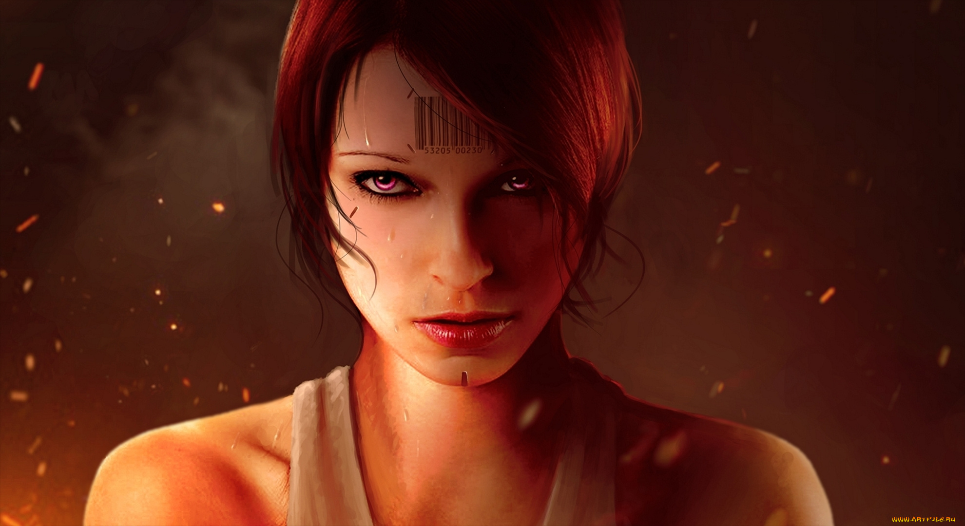 фэнтези, роботы, , киборги, , механизмы, art, арт, рисунок, sci-fi, фантастика, cyberpunk, киберпанк, girl, девушка, cyborg, киборг, redhead, рыжая, eyes, глаза, взгляд, face, лицо, embers, sparkles, искры, угли, flame, пламя, fire, огонь, barcode, штрихкод, smoke, дым, by, leonwoon