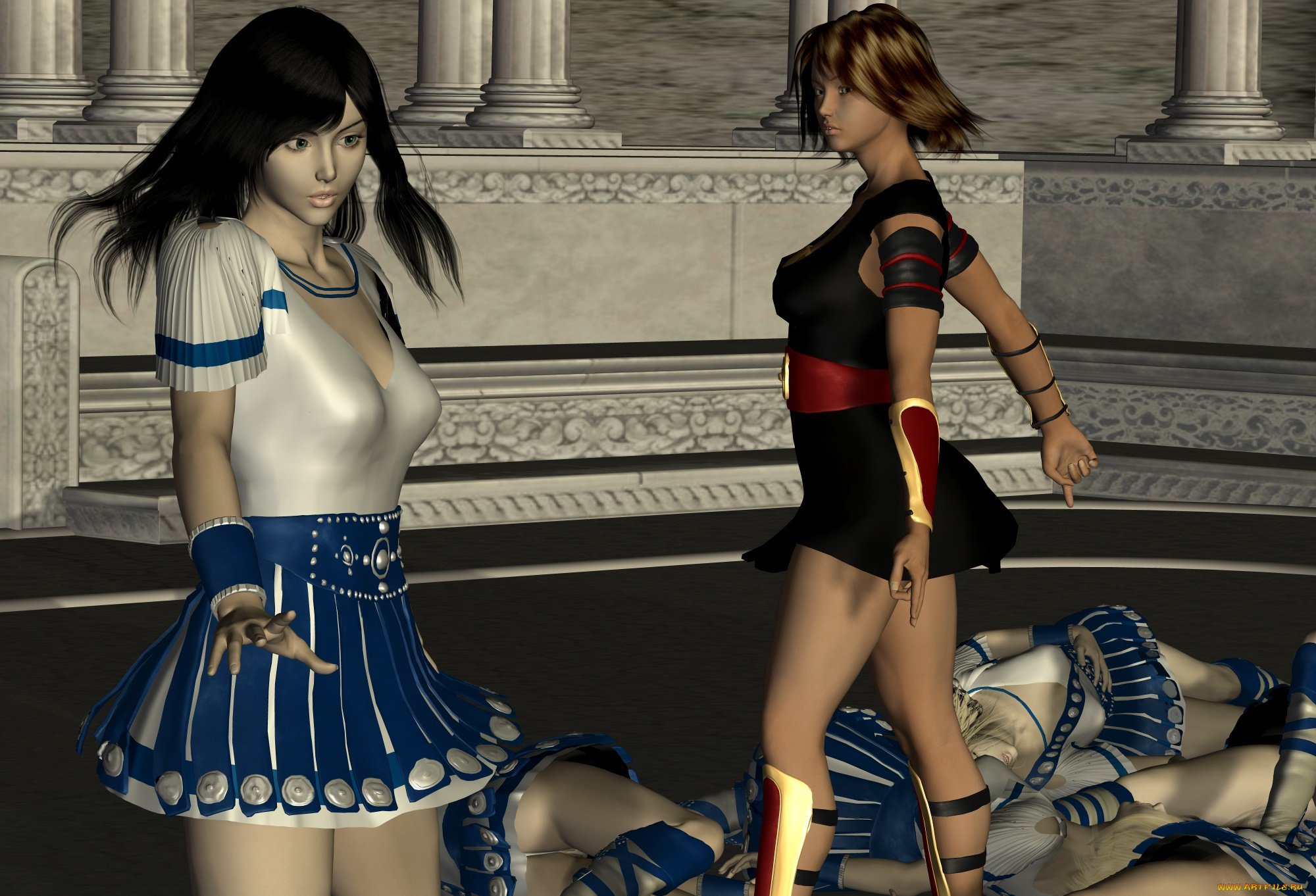 3д, графика, фантазия, , fantasy, драка, фон, девушки, взгляд