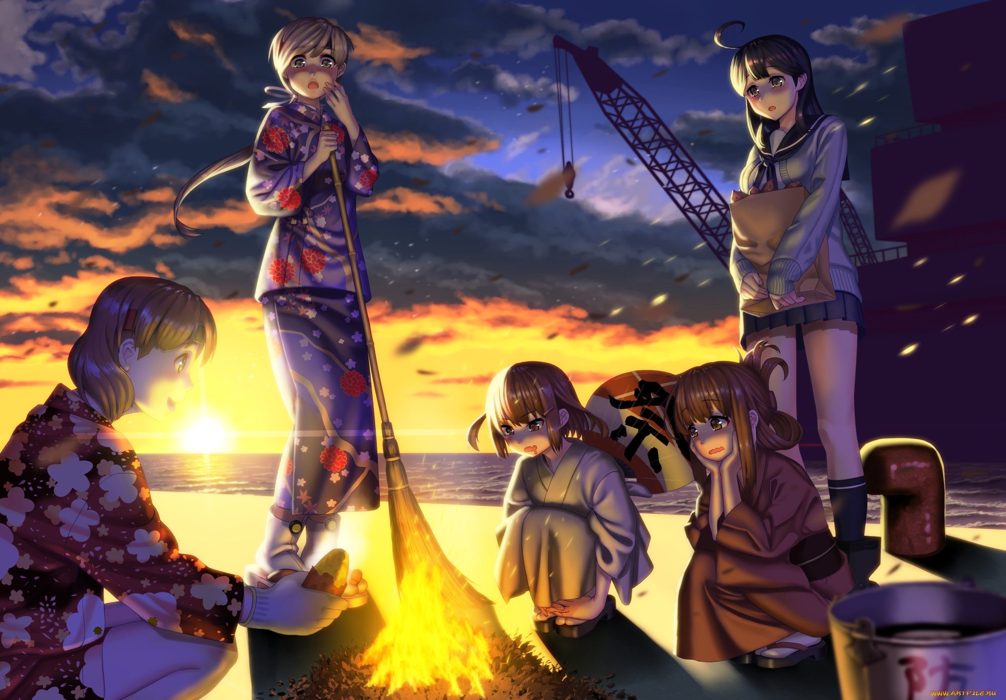 аниме, kantai, collection, солнце, закат, inazuma, ikazuchi, chiyoda, вечер, костёр, девушки, арт, misumi, niku-kyu, ushio, море, kancolle, kantai, collection, кран, chitose