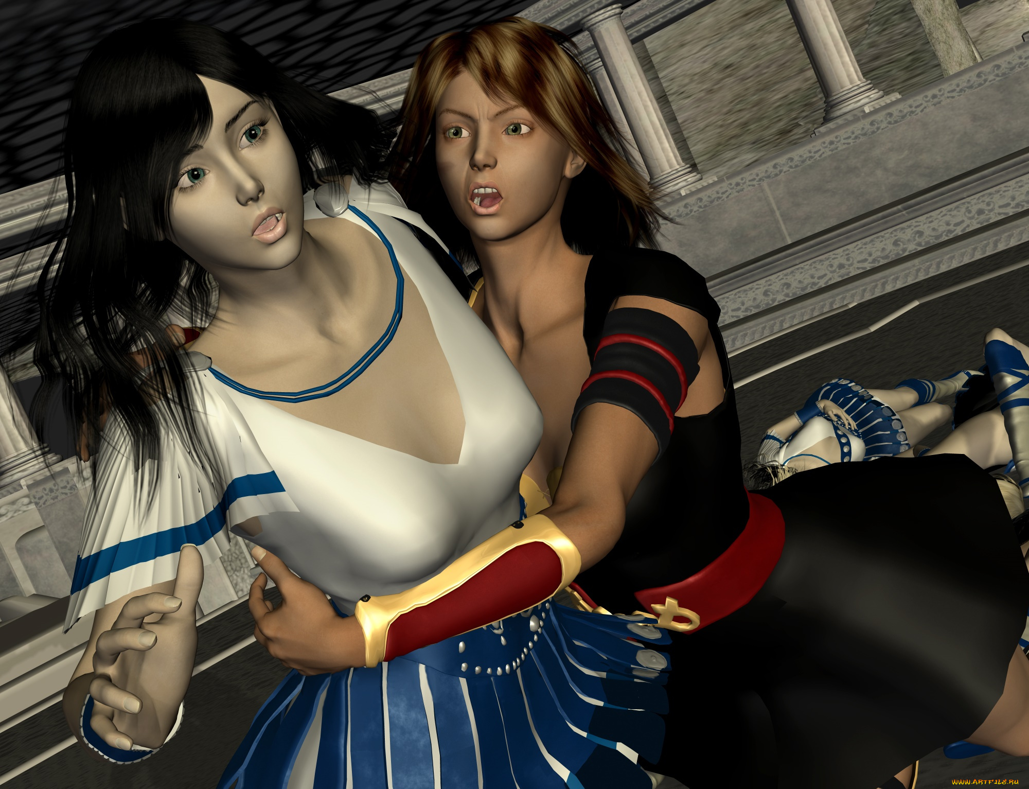 3д, графика, фантазия, , fantasy, драка, фон, девушки, взгляд