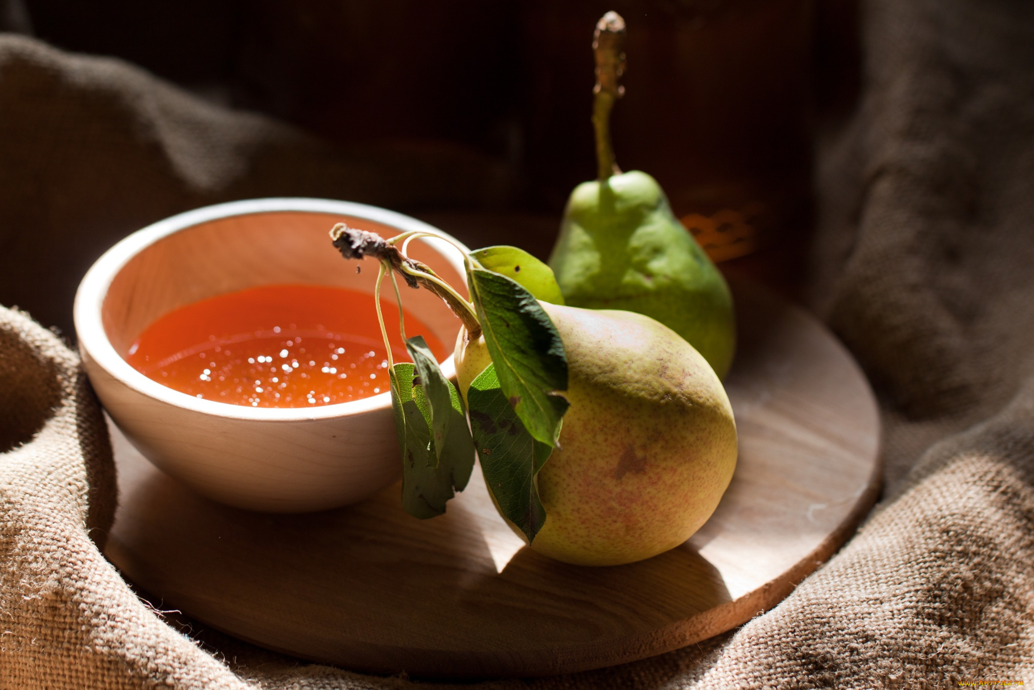 еда, груши, мешковина, варенье, миска, фрукты