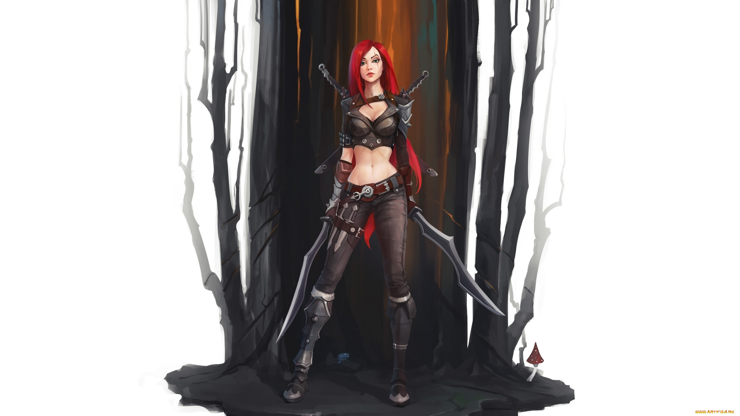 видео, игры, league, of, legends, by, haryarti, рисунок, арт, темный, лес, броня, dark, forest, кожаный, доспех, art, league, of, legends, redhead, девушка, girl, катарина, katarina, фанарт, fanart, фэнтези, fantasy, leather, armor, кинжал, dagger, рыжая