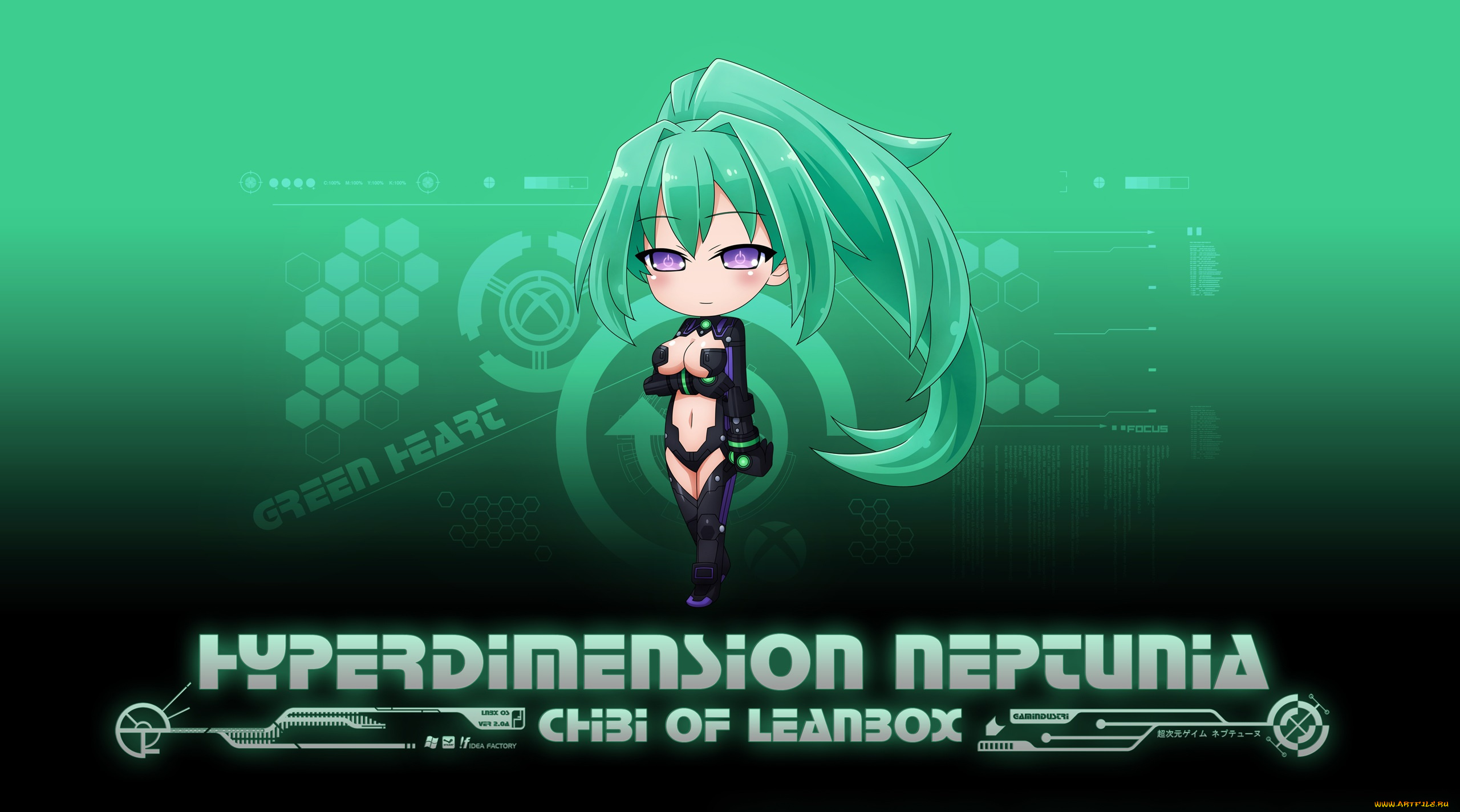 аниме, hyperdimension, neptunia, green, heart, фон, девочка, арт, akiranyo, vert, hyperdimension, neptunia