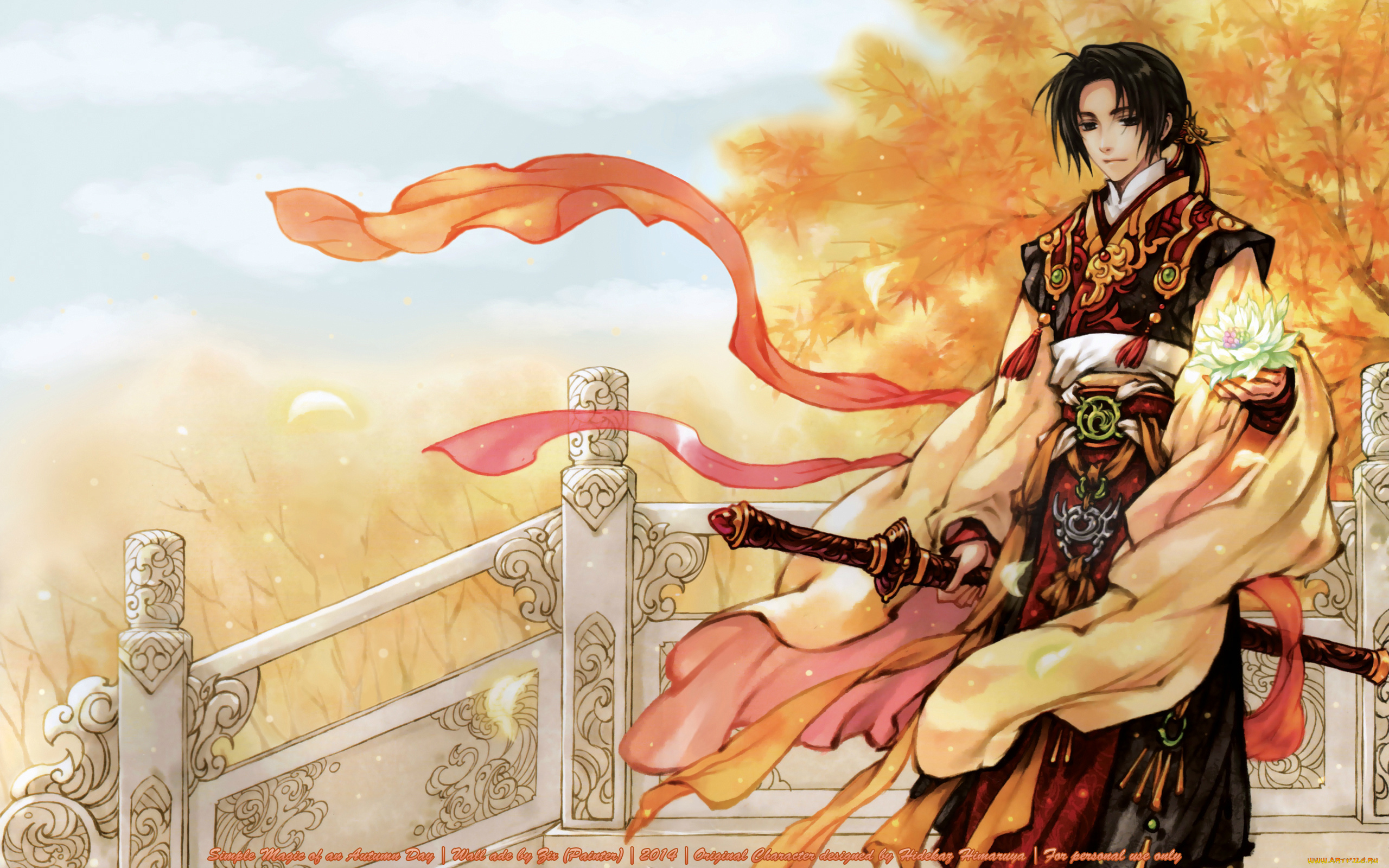 аниме, hetalia, , axis, powers, парень, art, hidekaz, himaruya, china, небо, axis, powers, перила, ветер, шарф, деревья, меч, украшения