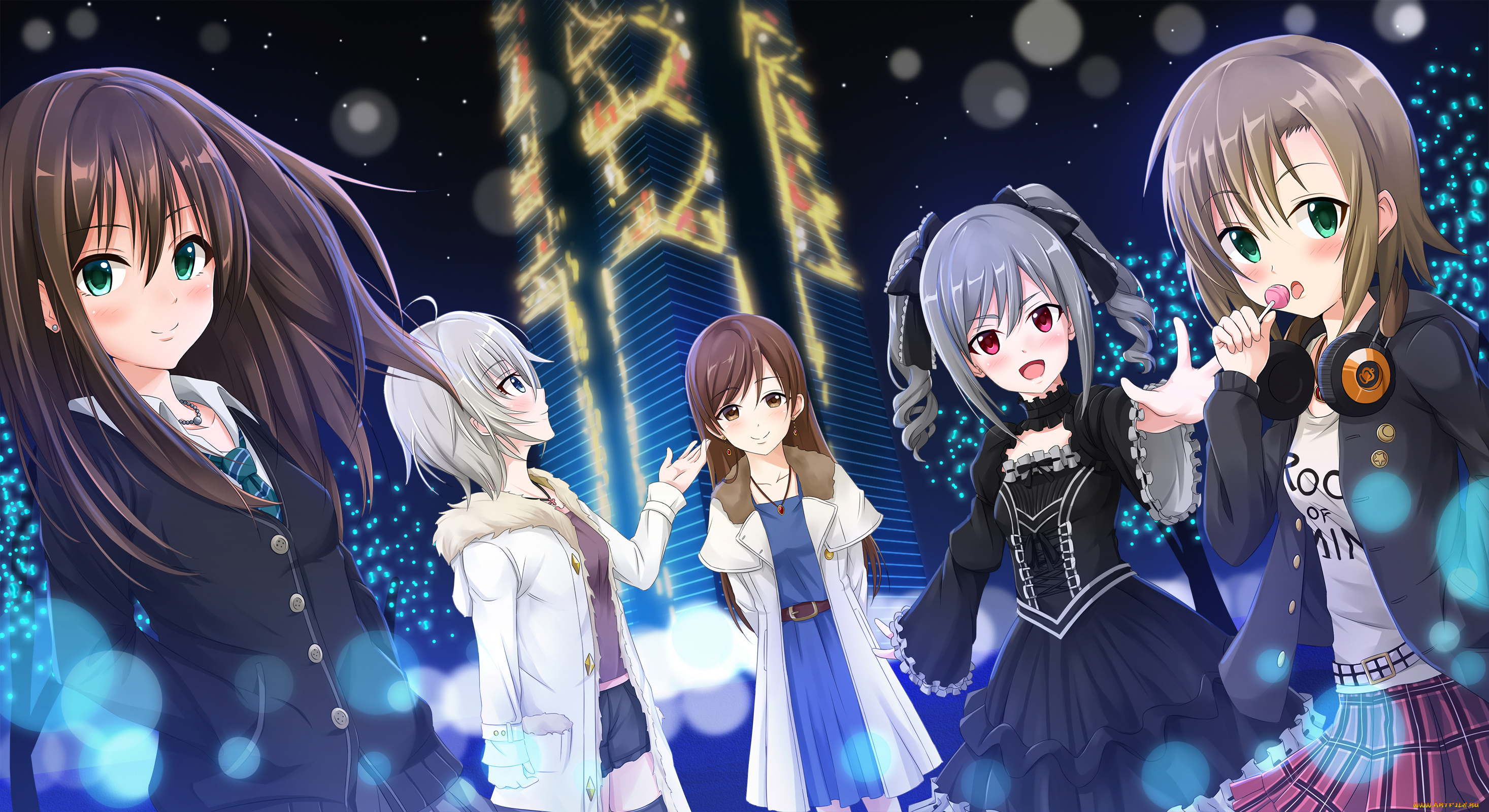 аниме, idolm@ster, ночь, shibuya, rin, nitta, minami, kanzaki, ranko, город, девушки, огни, арт, tekku, 07201115, tada, riina, idolmaster, cinderella, girls, anastasia