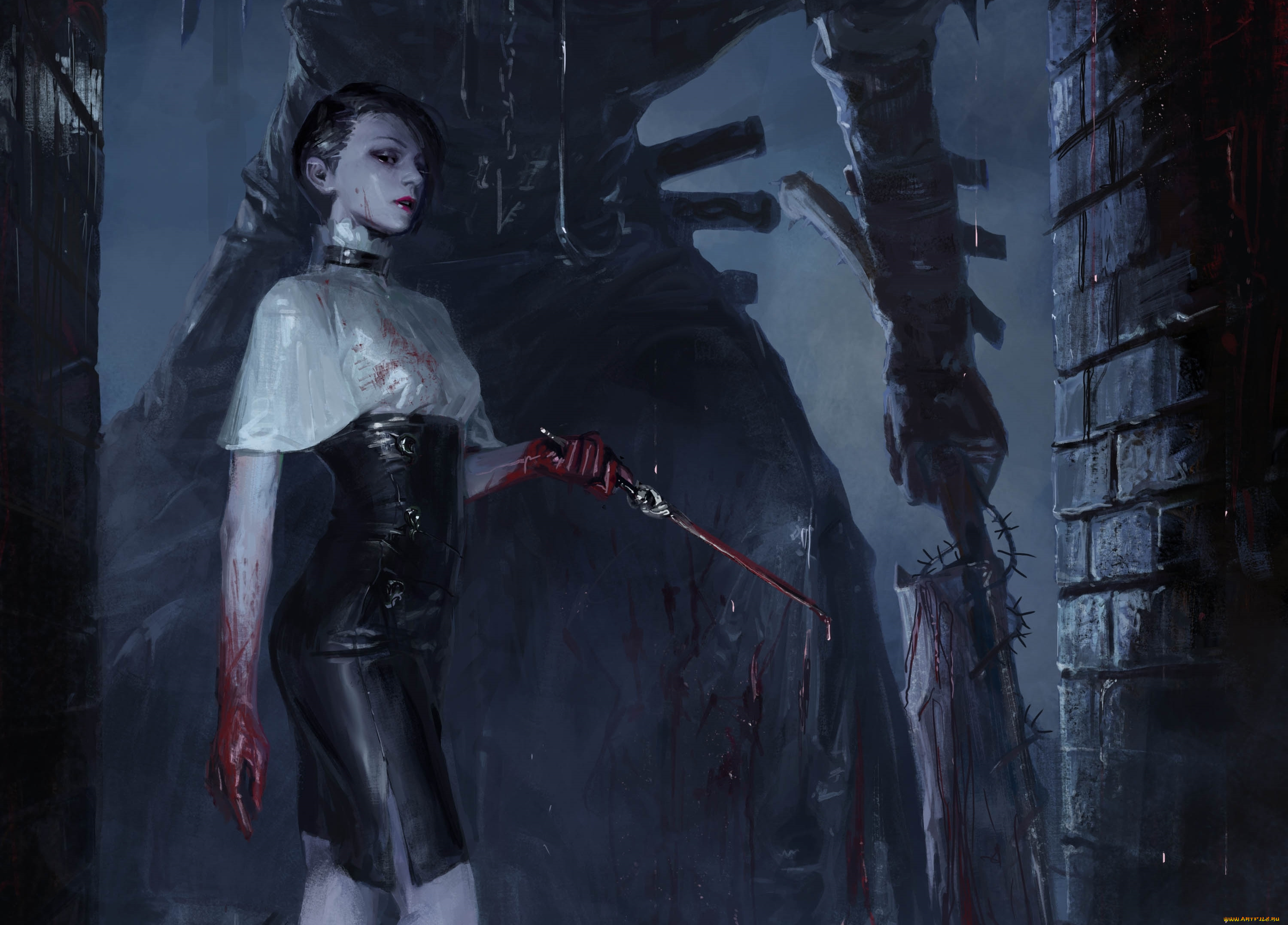 видео, игры, legend, of, the, cryptids, night, готика, gothic, девушка, girl, by, totorrl, dagger, кинжал, нож, knife, фэнтези, обтягивающее, платье, blood, облегающее, slinky, dress, fantasy, кровь, ночь, рисунок, арт, art, legend, of, the, cryptids