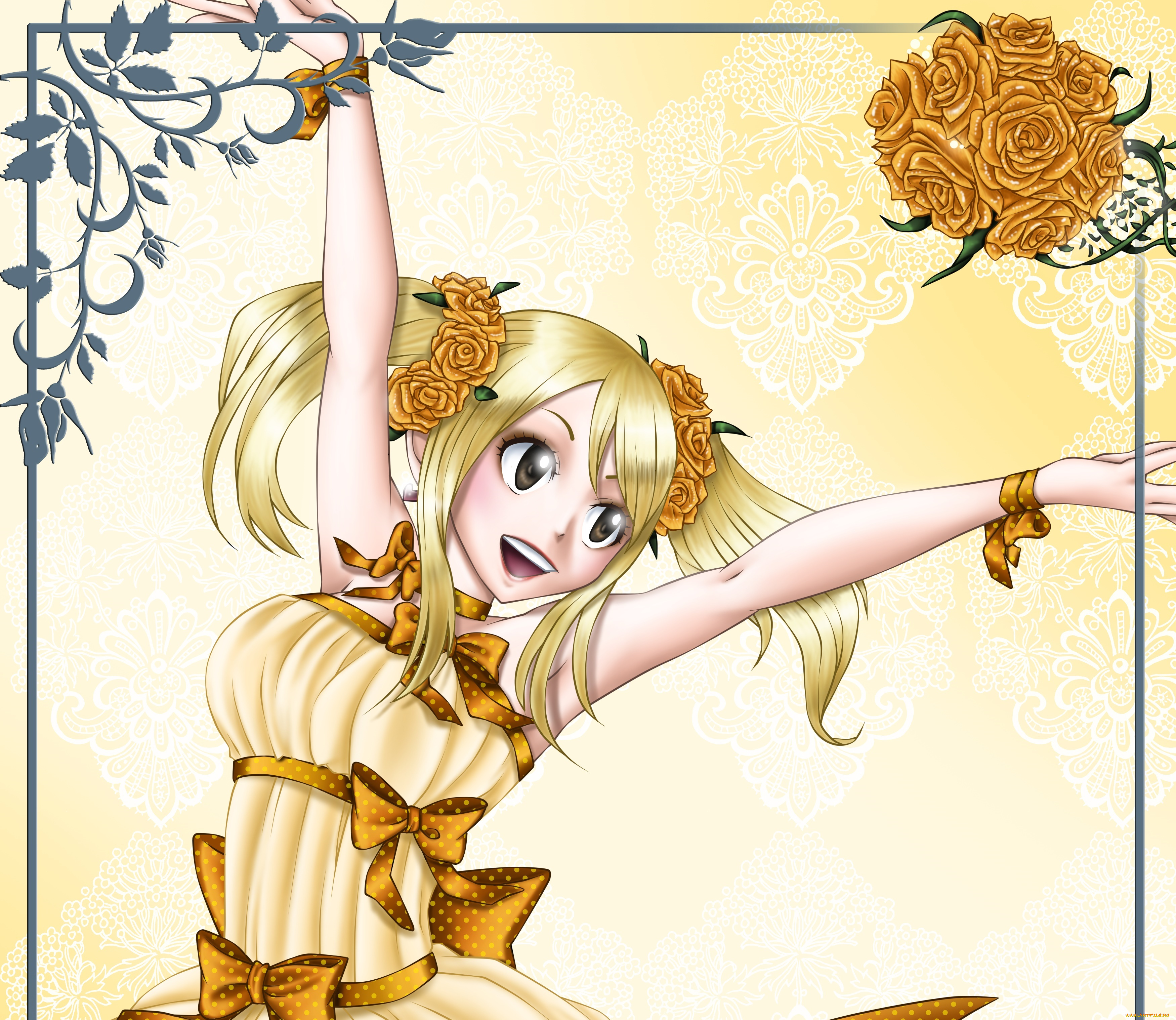 аниме, fairy, tail, lucy, heartfilia, радость, цветы, фон, взгляд, девушка