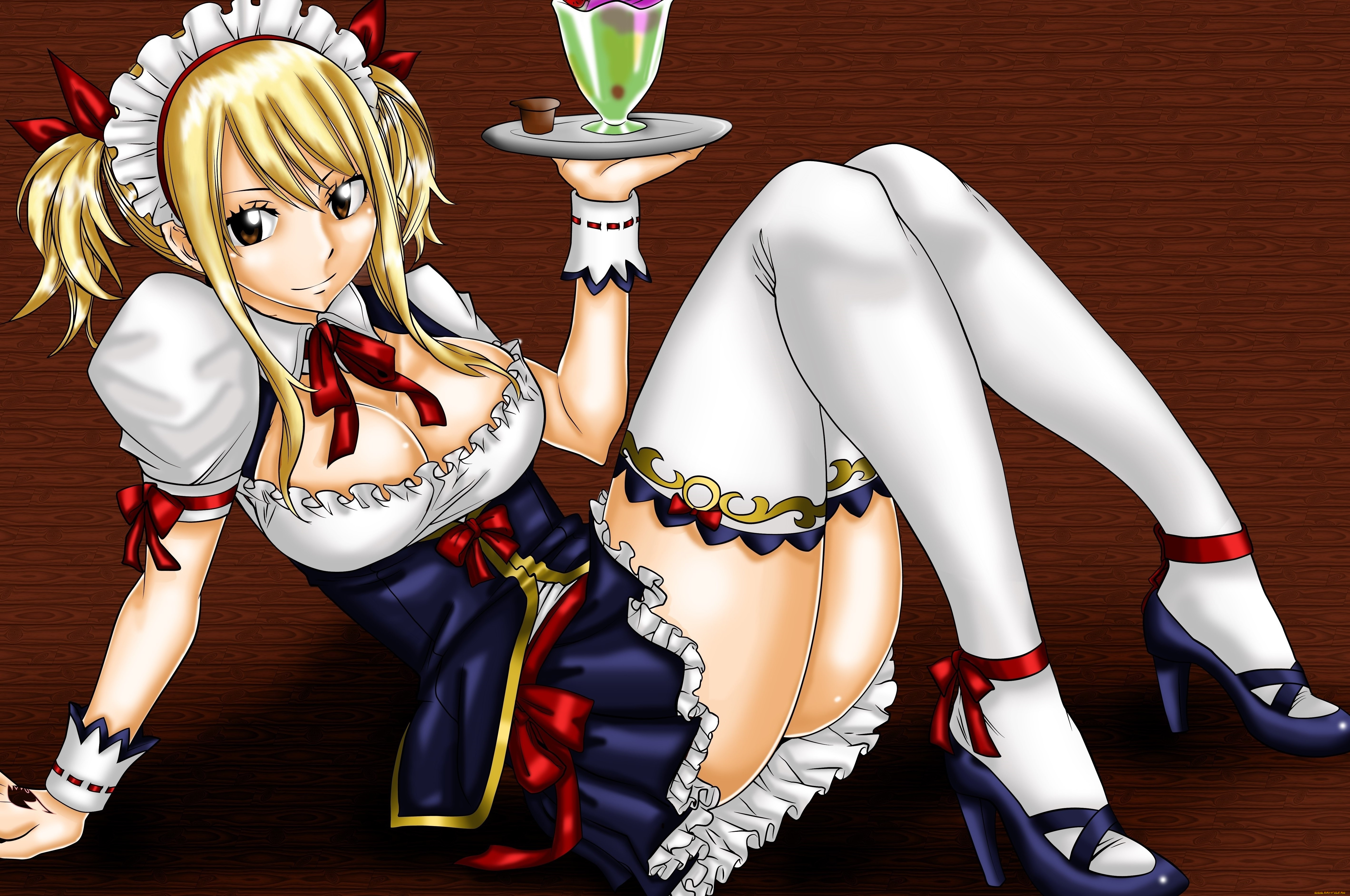 аниме, fairy, tail, lucy, heartfilia, поднос, чулки, фон, взгляд, девушка