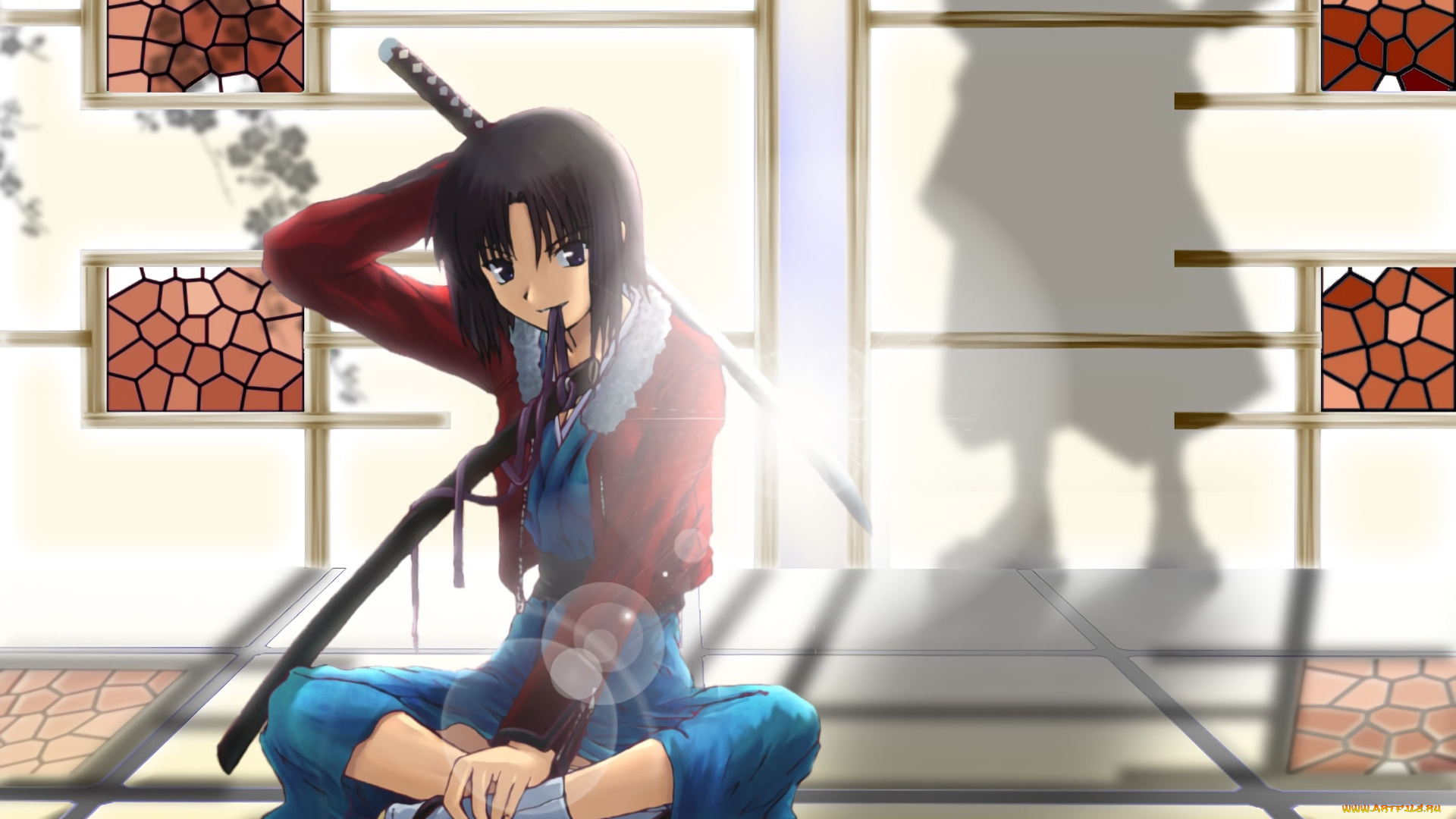 аниме, kara, no, kyokai, девушка, взгляд, фон