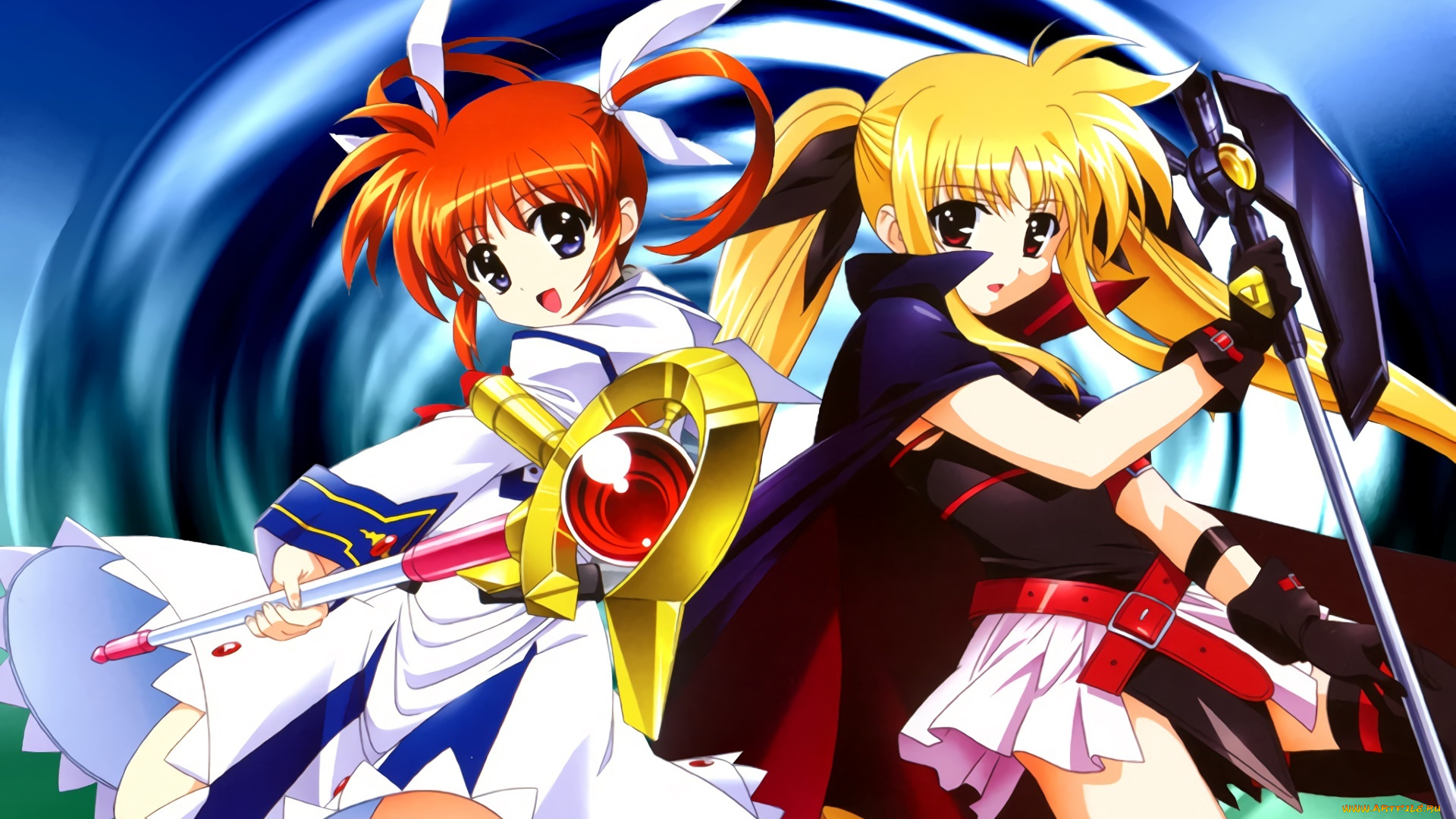 аниме, mahou, shoujo, lyrical, nanoha, взгляд, фон, девушки