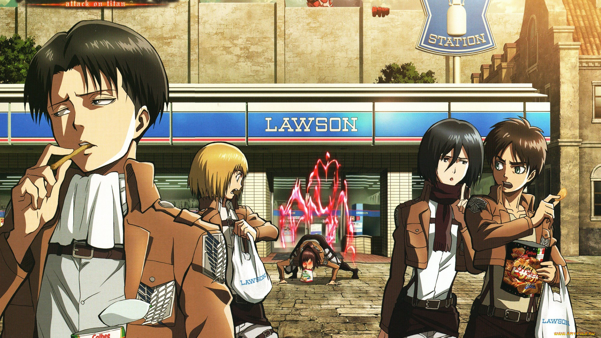 аниме, shingeki, no, kyojin, девушка, парень, фон, взгляд