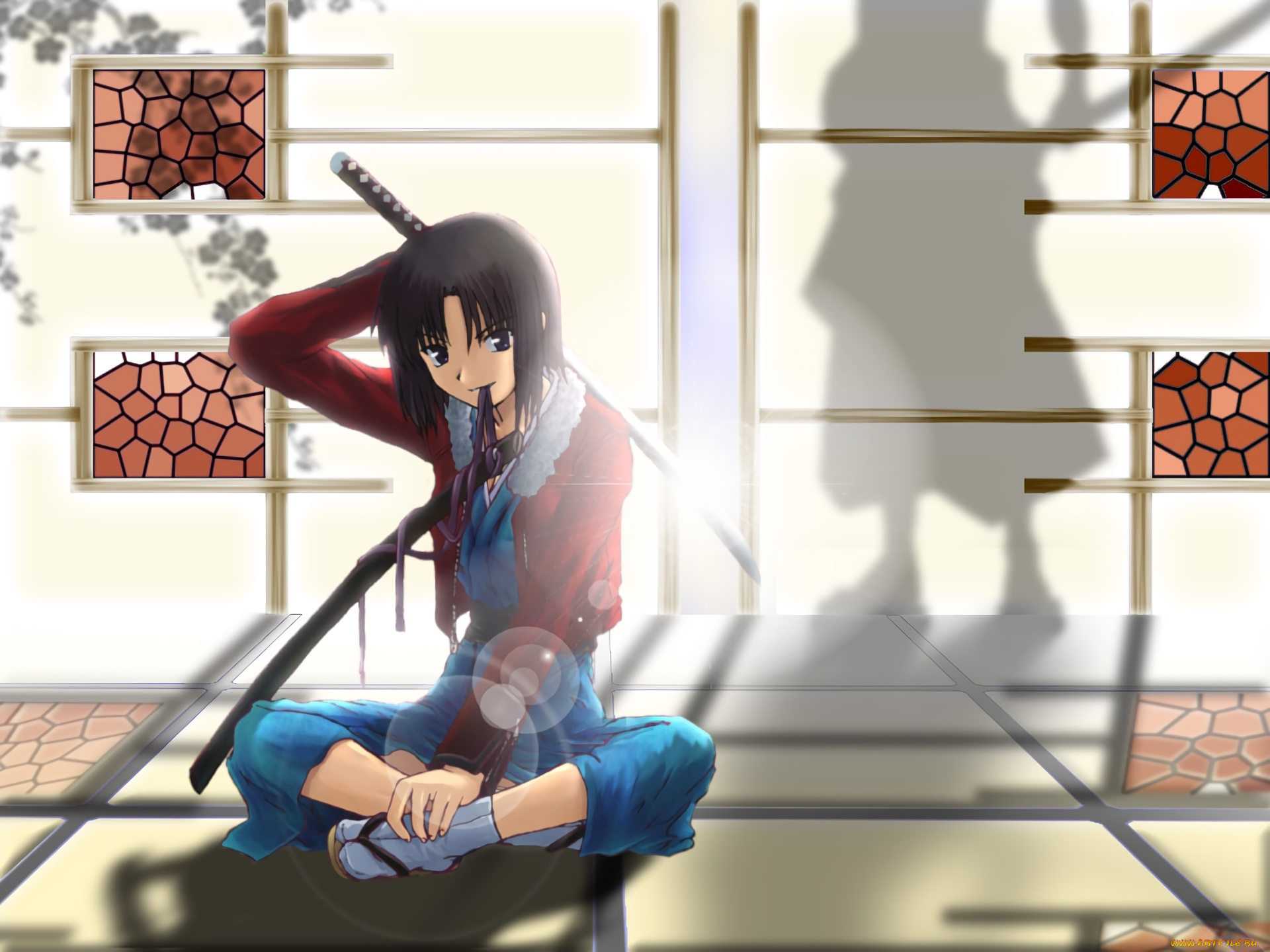 аниме, kara, no, kyokai, девушка, взгляд, фон