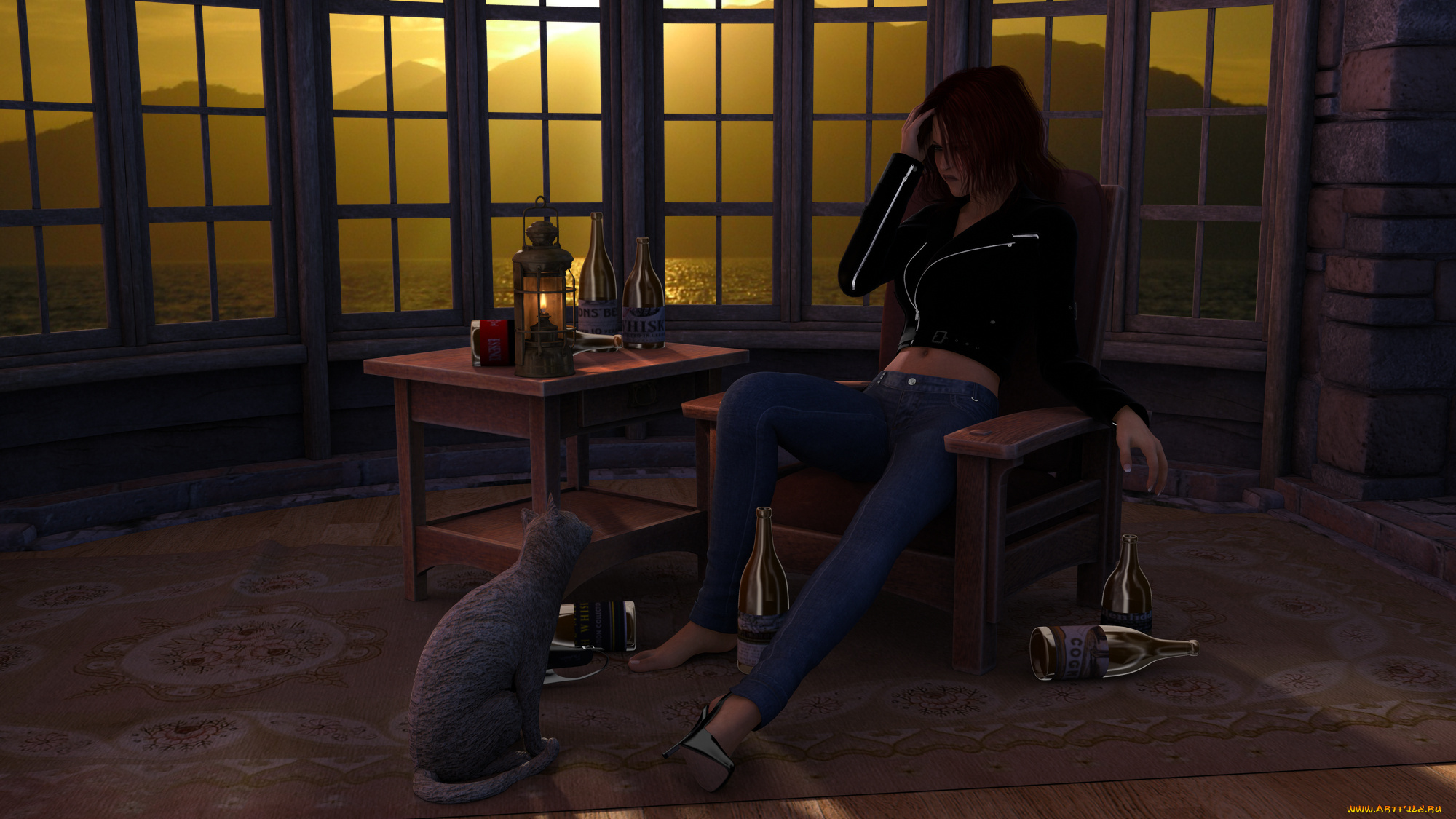 3д, графика, люди, и, животные, , people, and, animals, взгляд, кот, фон, девушка