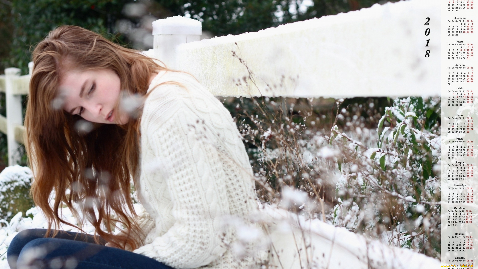 календари, девушки, растения, снег, забор