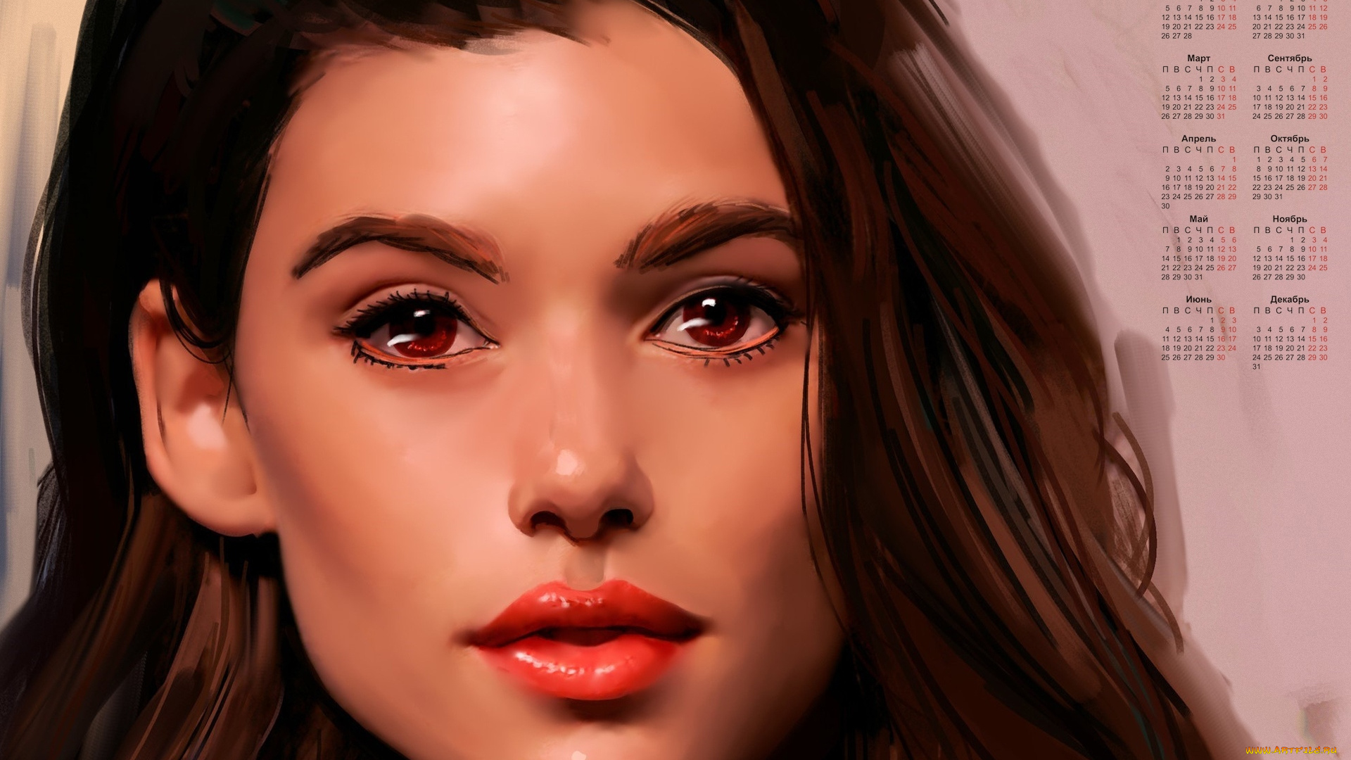 календари, рисованные, , векторная, графика, взгляд, лицо, девушка