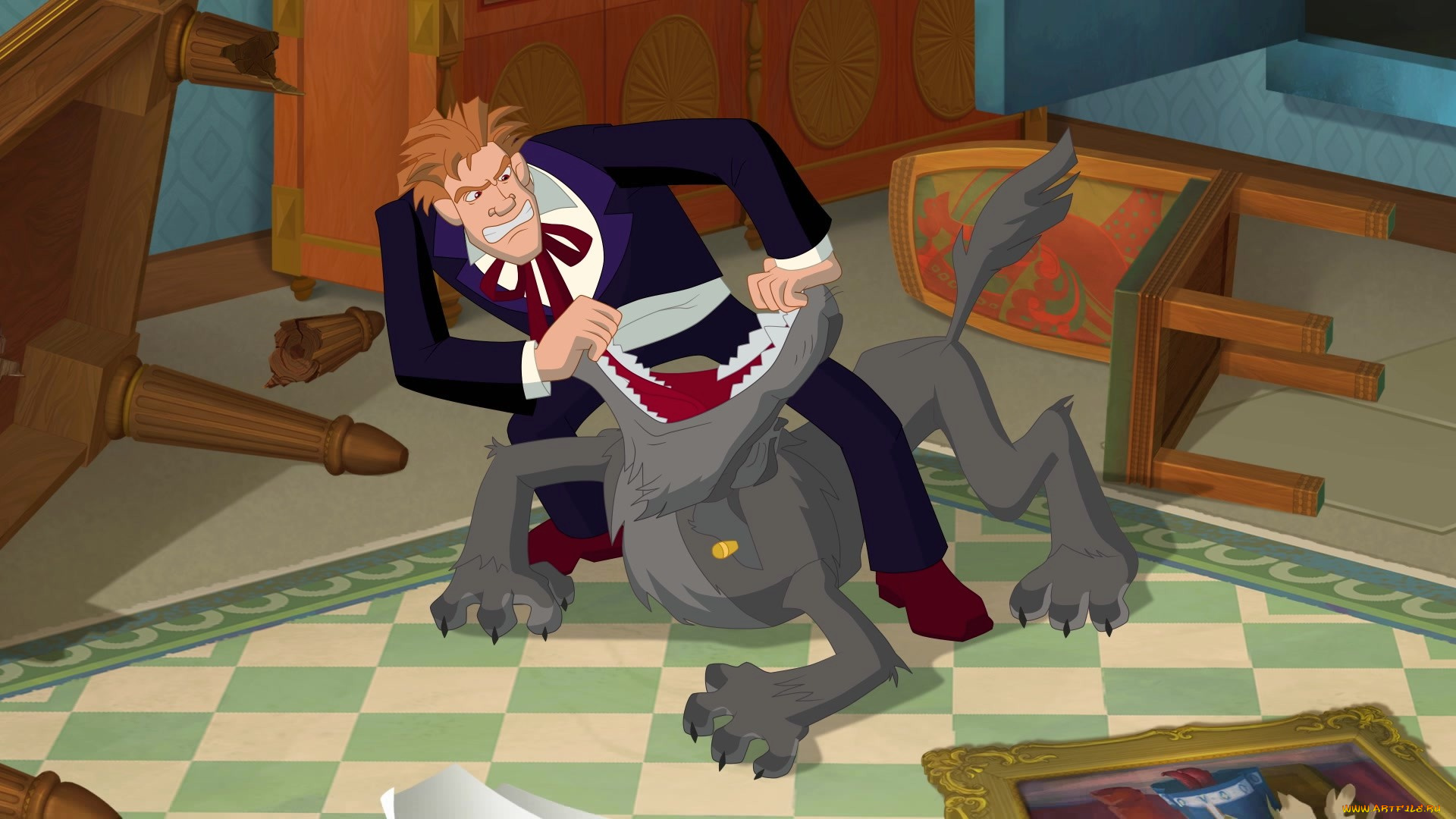 мультфильмы, иван, царевич, и, серый, волк, 3, мужчина, волк, драка, эмоции, стул