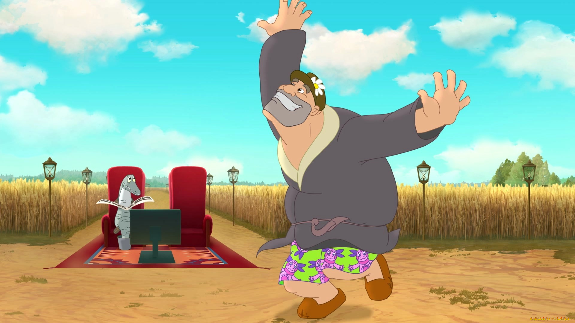 мультфильмы, иван, царевич, и, серый, волк, 3, мужчина, танец, рыба, фонарь, природа, кепка