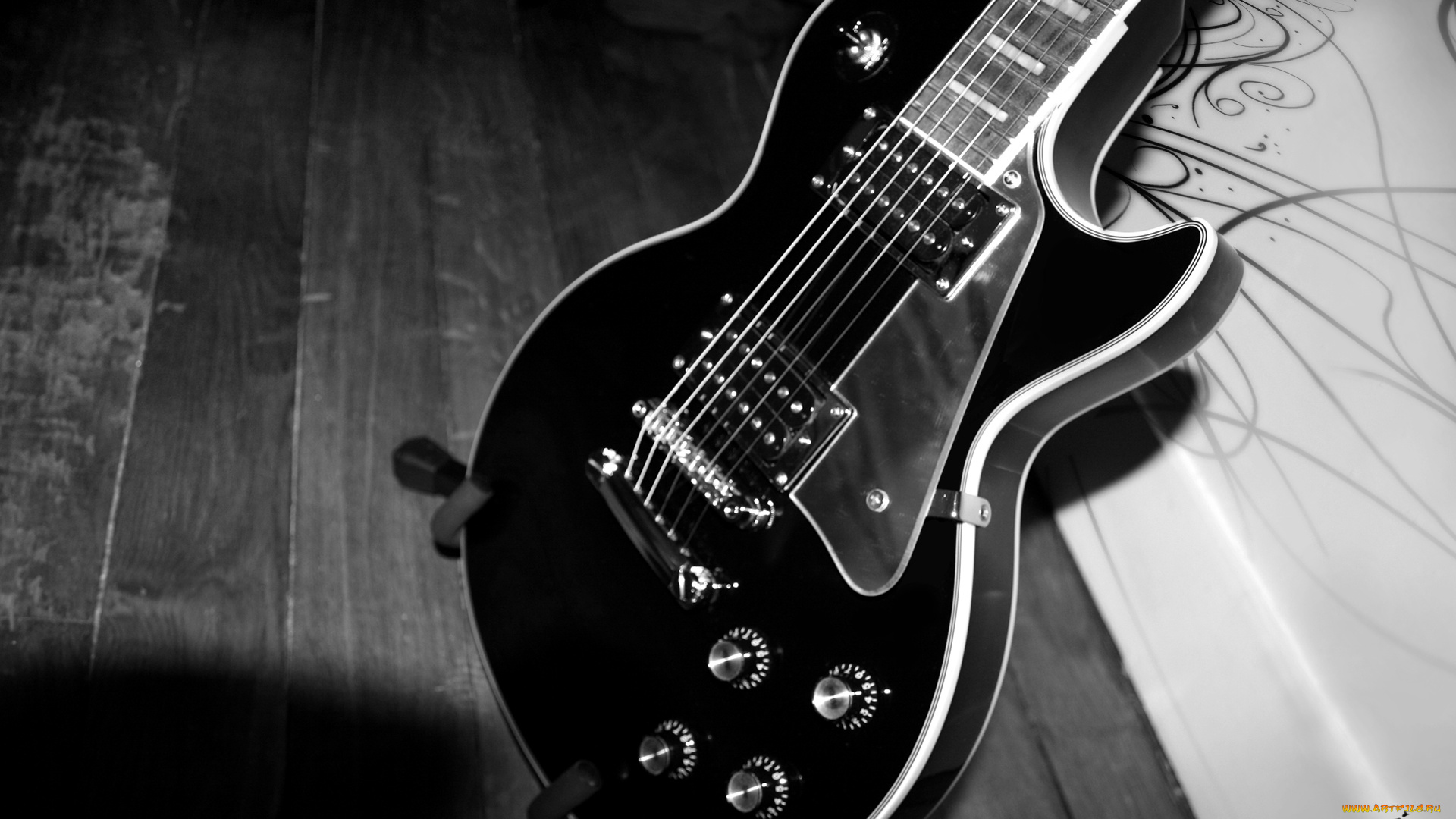 музыка, -музыкальные, инструменты, черно-белая, тень, гитара