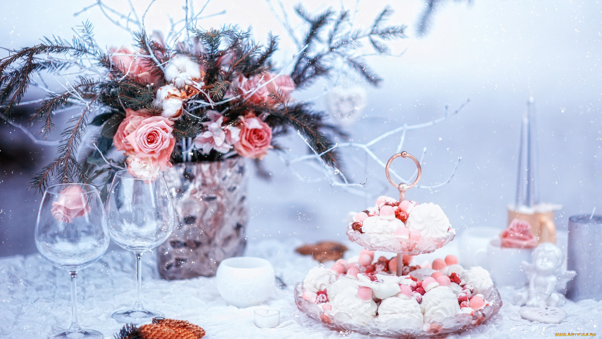 праздничные, угощения, шишки, букет, сладости