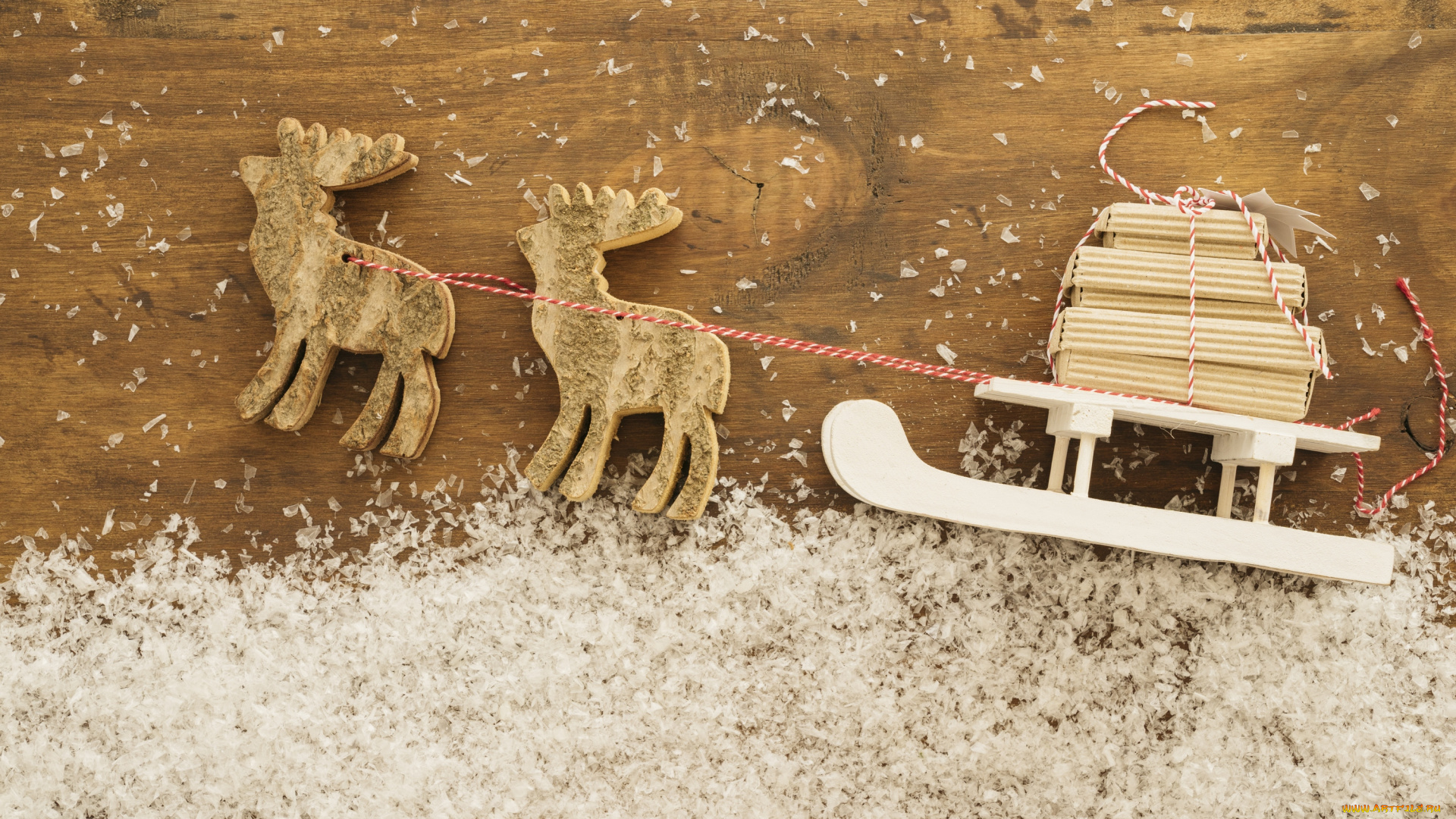 праздничные, украшения, праздник, игрушка, олени, сани, снег, фон