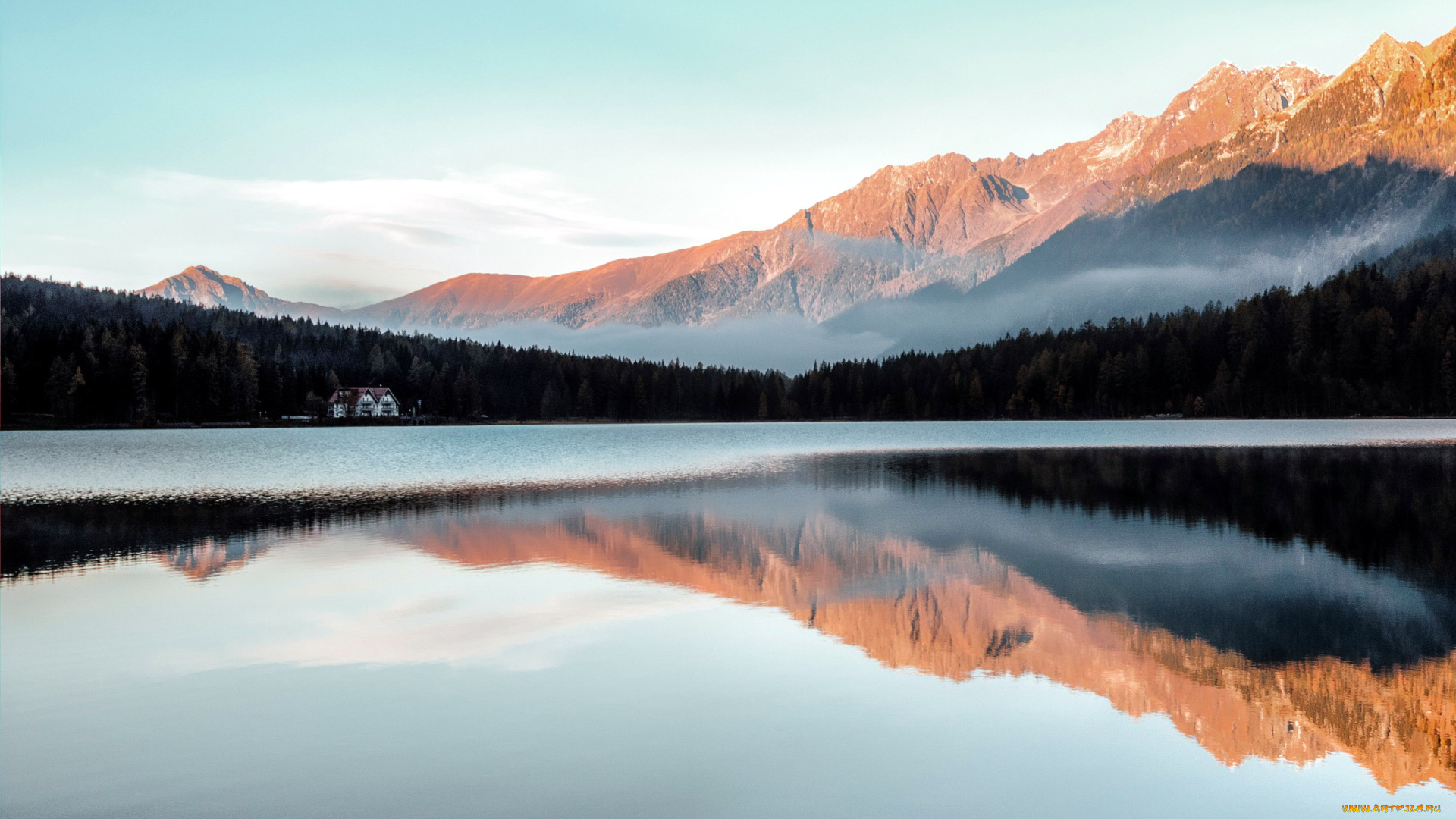 природа, пейзажи, горы, озеро, туман, отражение