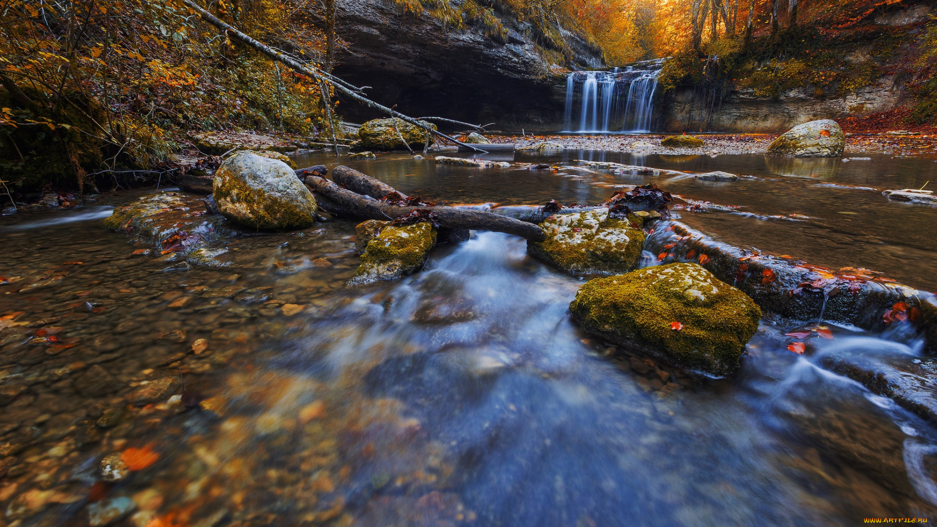 природа, водопады, водопад, поток, листья, лес, осень
