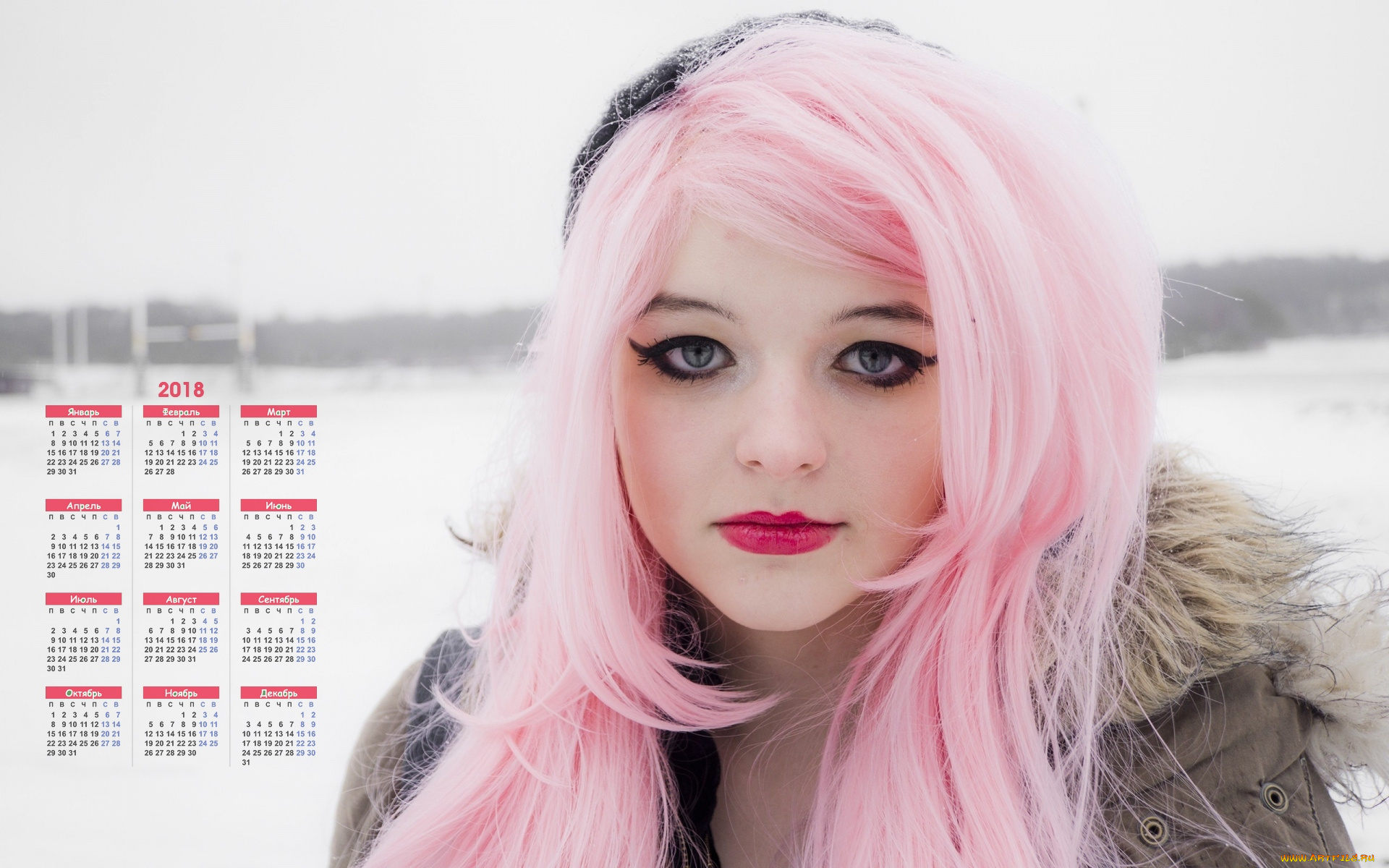 календари, девушки, лицо, взгляд, розовые, волосы