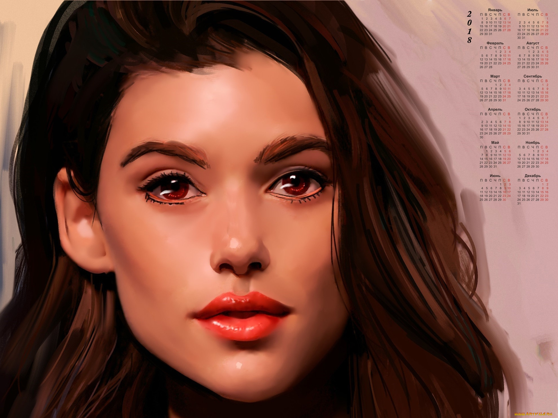 календари, рисованные, , векторная, графика, взгляд, лицо, девушка