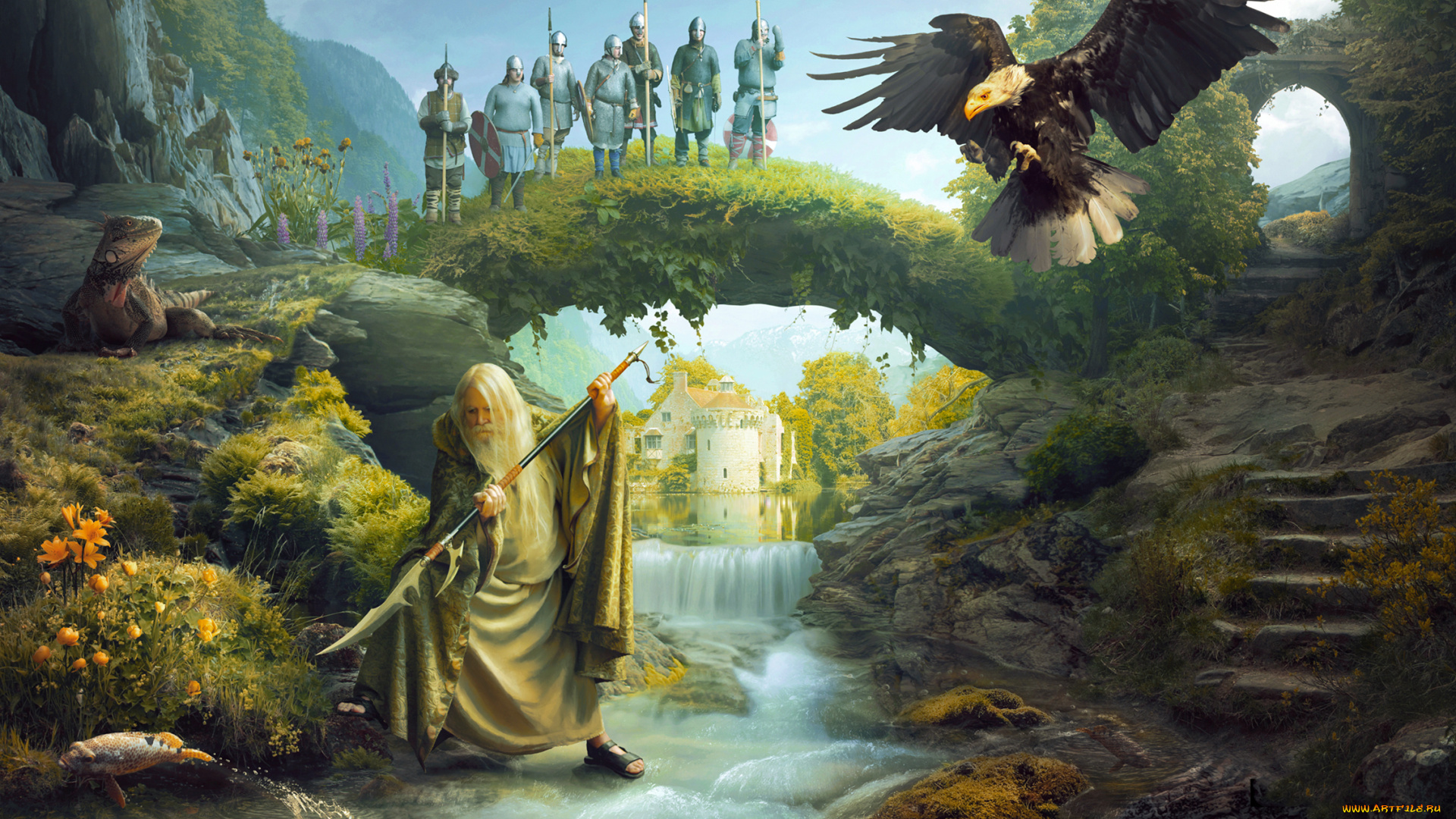 фэнтези, люди, мужчины, ящер, орел, фон
