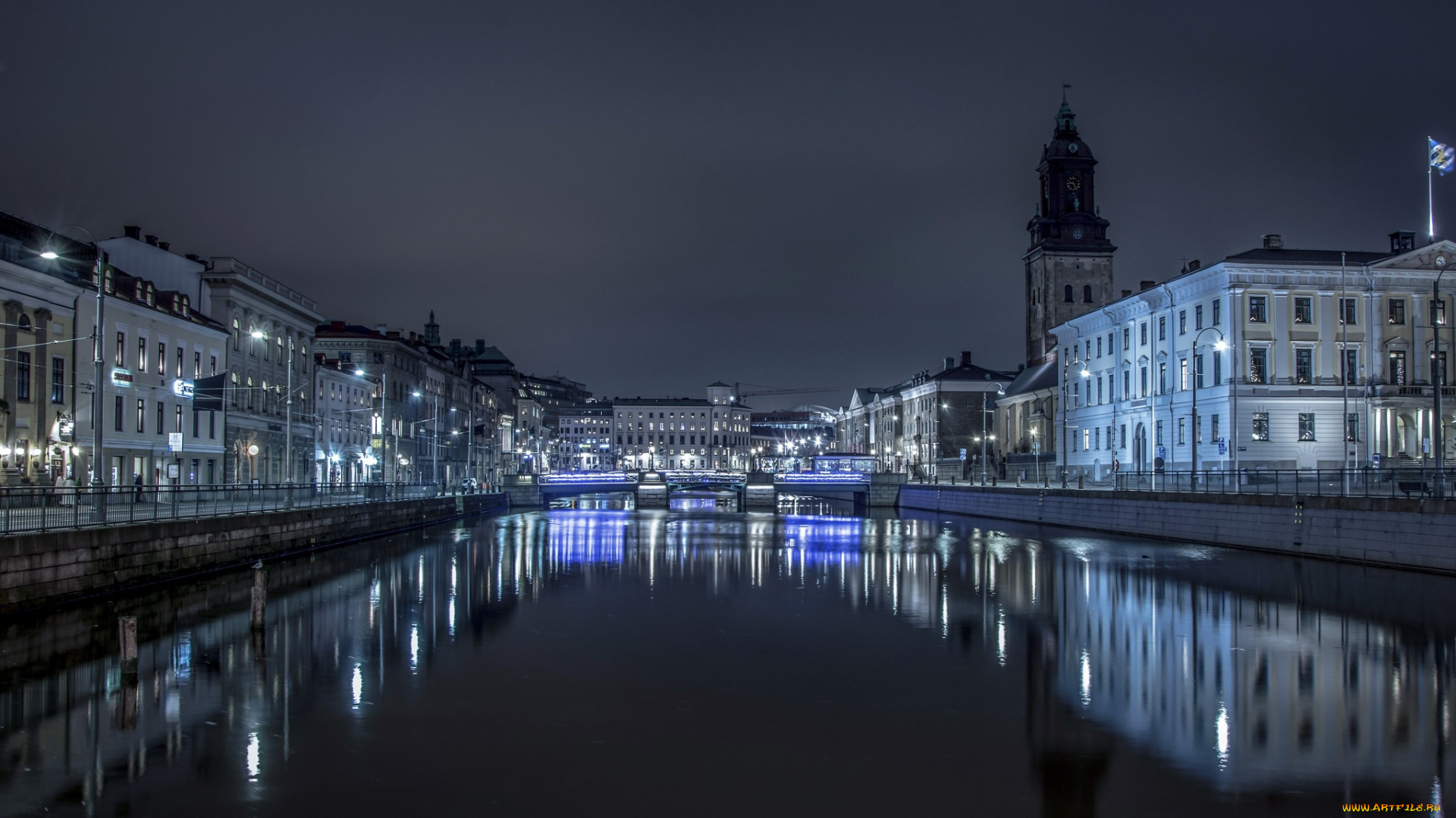 города, -, огни, ночного, города, ночь, гётеборг, швеция