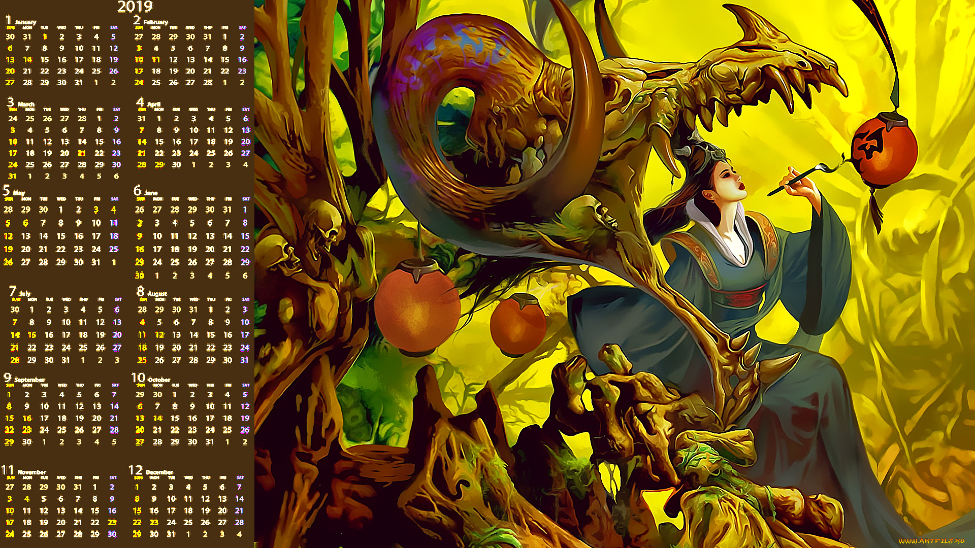 календари, фэнтези, фонарь, череп, девушка