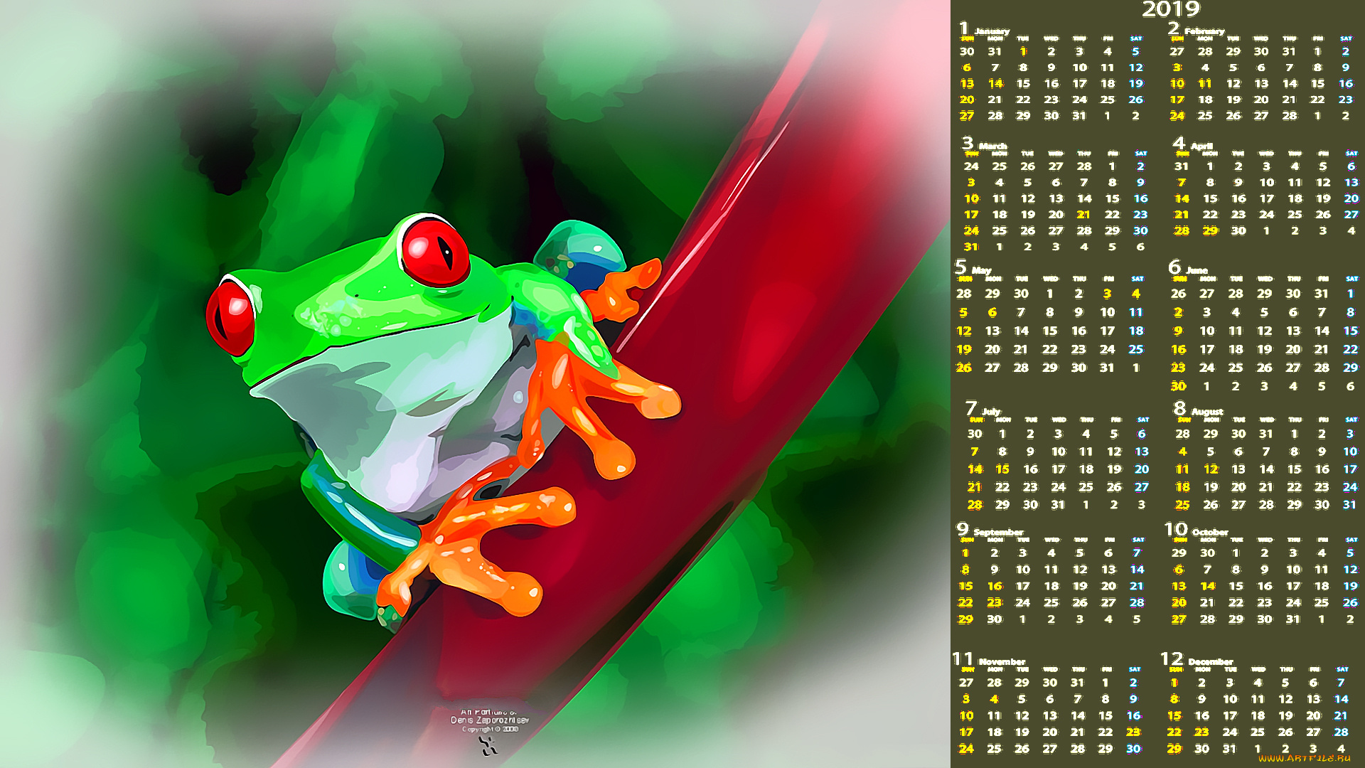 календари, рисованные, , векторная, графика, лягушка