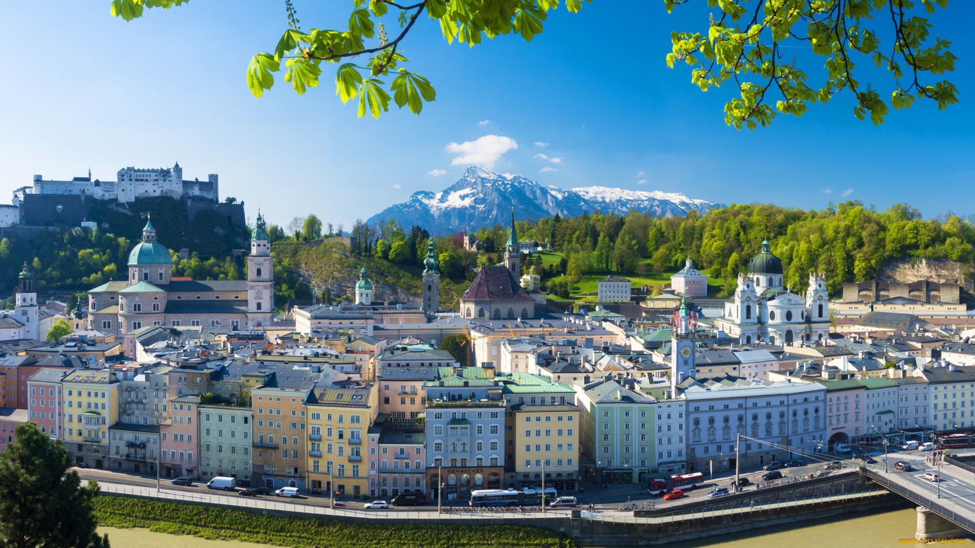 salzburg, , austria, города, зальцбург, , австрия, соборная, церковь, здания, городской, пейзаж, зальцбург, город, река, cэлзак, гора, фестунгсберг