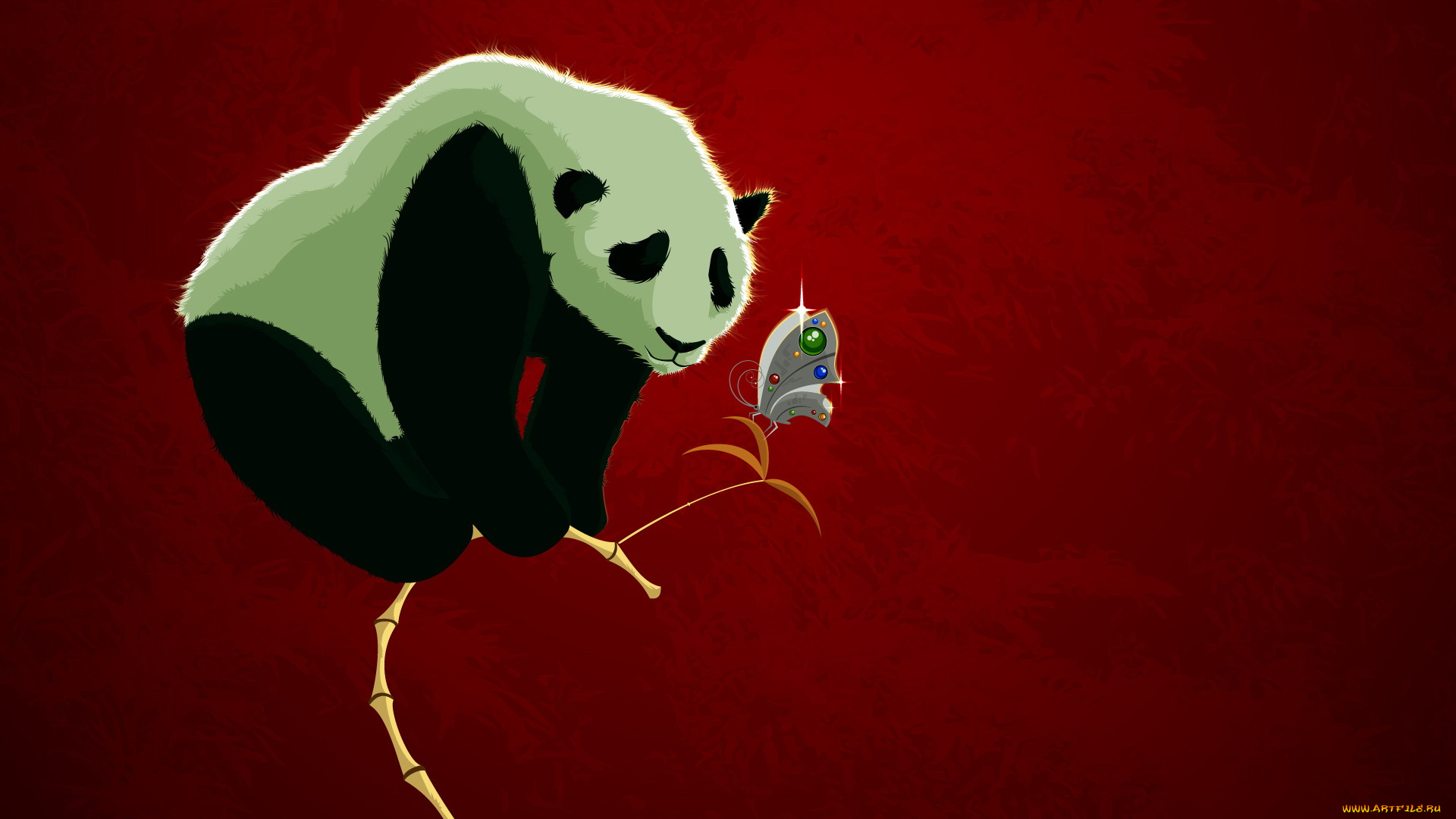 векторная, графика, животные, , animals, панда, бабочка, бамбук