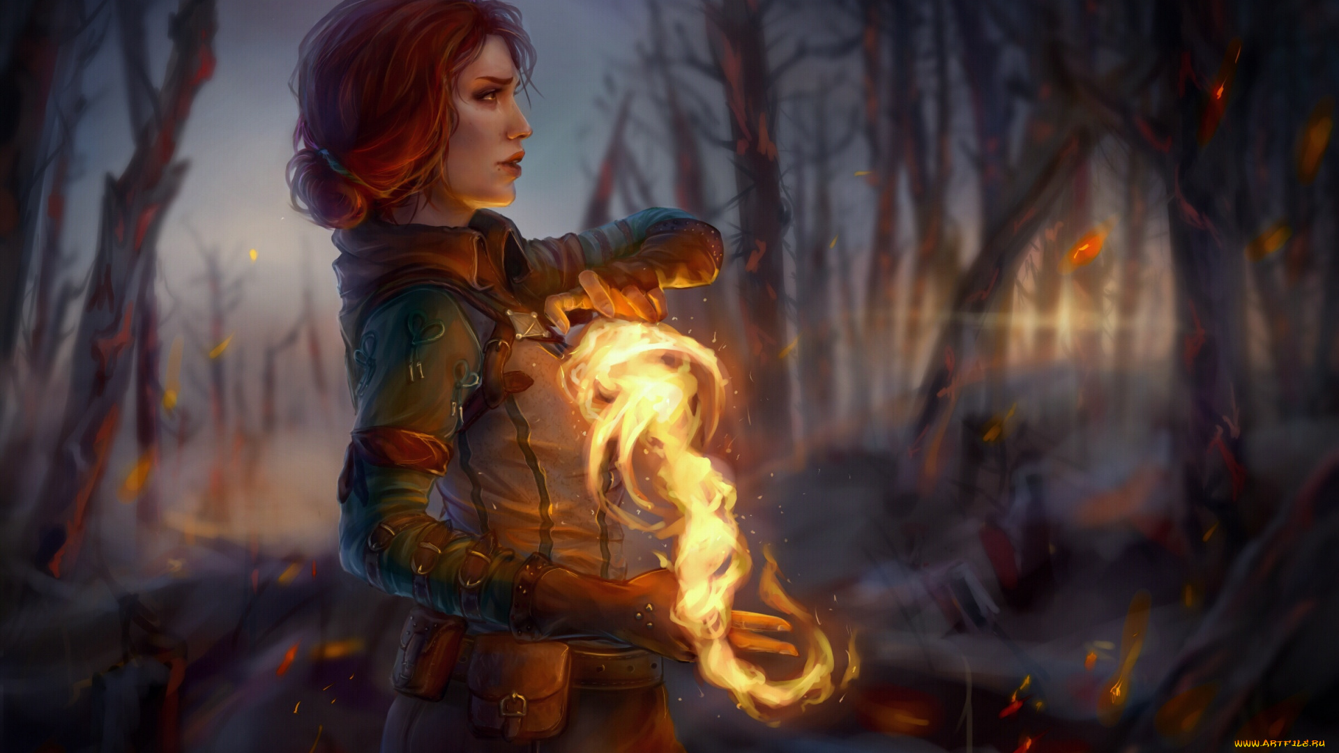 видео, игры, the, witcher, 3, , wild, hunt, лес, огонь, ведьма