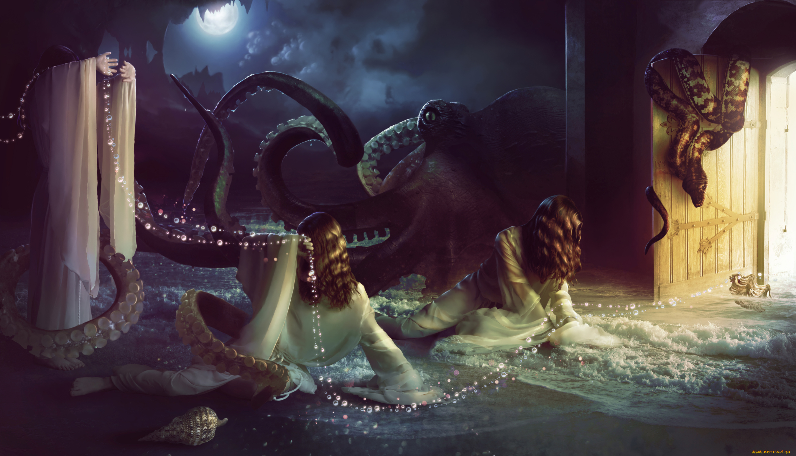 фэнтези, существа, осьминог, фон, девушки