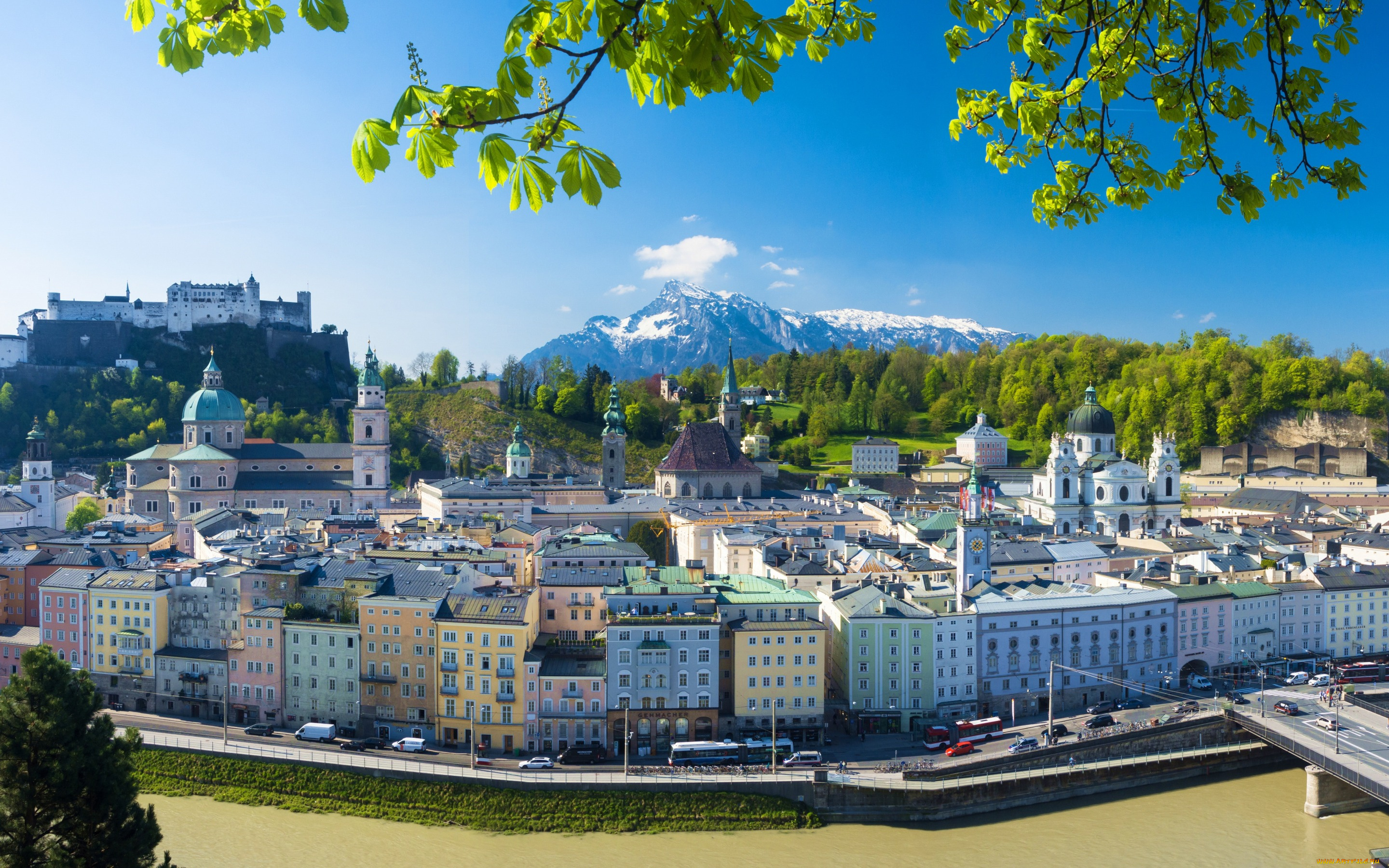 salzburg, , austria, города, зальцбург, , австрия, соборная, церковь, здания, городской, пейзаж, зальцбург, город, река, cэлзак, гора, фестунгсберг