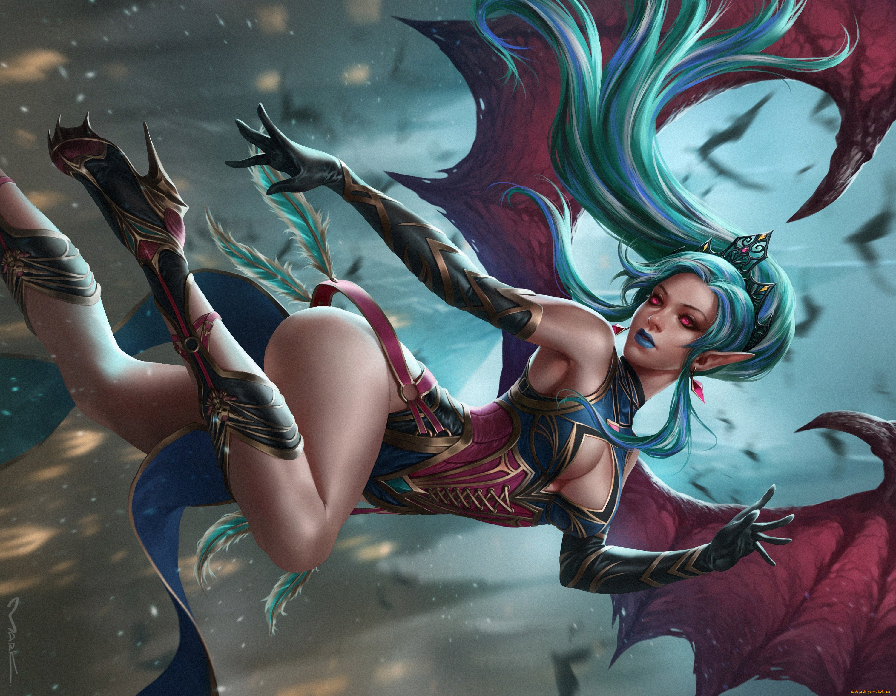 фэнтези, вампиры, взгляд, полет, поза, крылья, арт, красные, глаза, суккуб, succubus