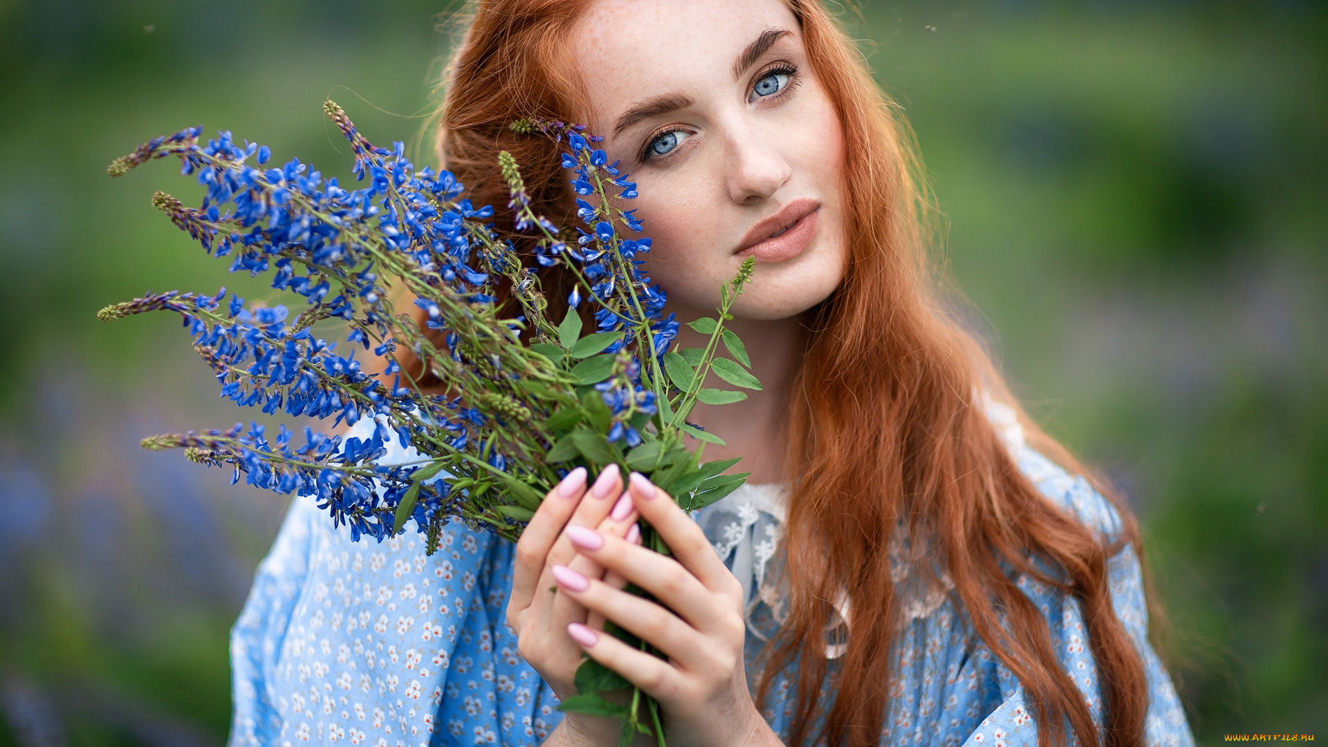 девушки, -, рыжеволосые, и, разноцветные, рыжая, лицо, цветы