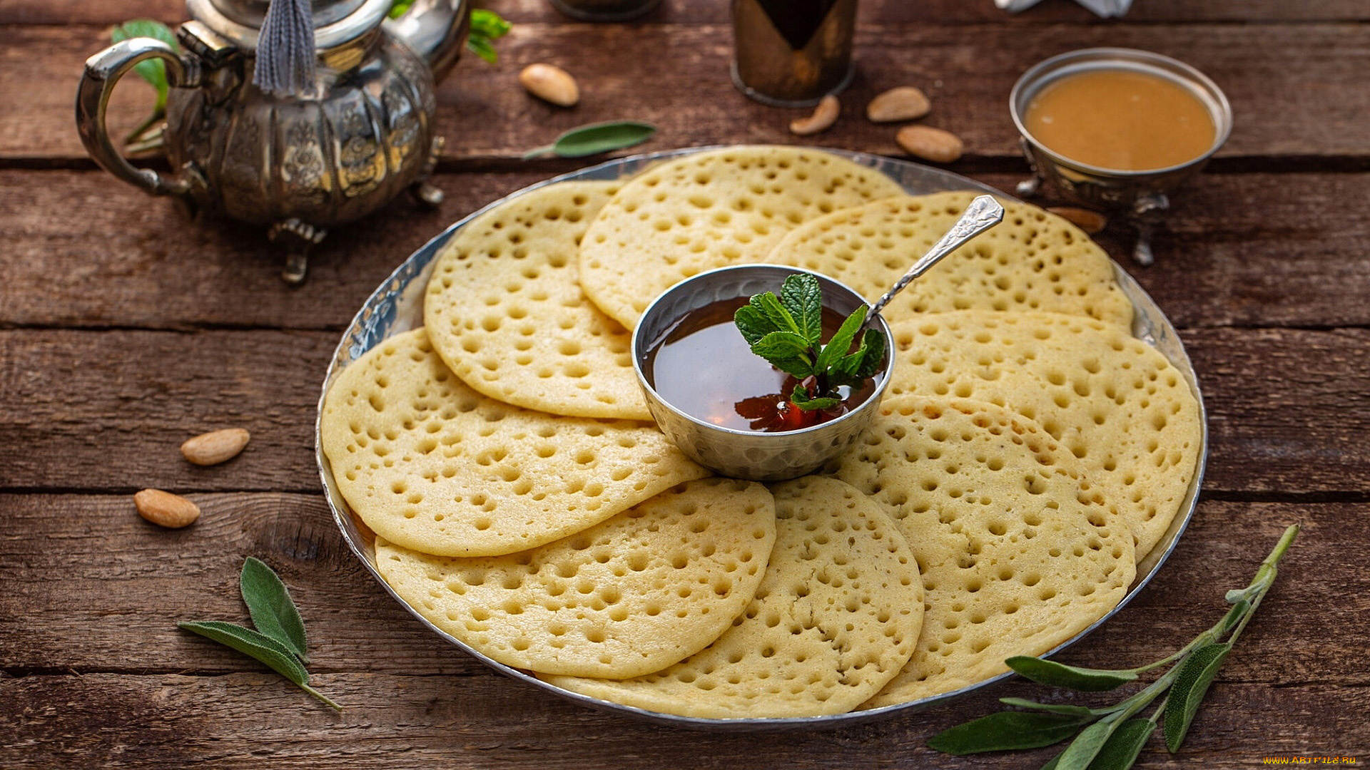 еда, блины, , оладьи, оладьи, мята, мед