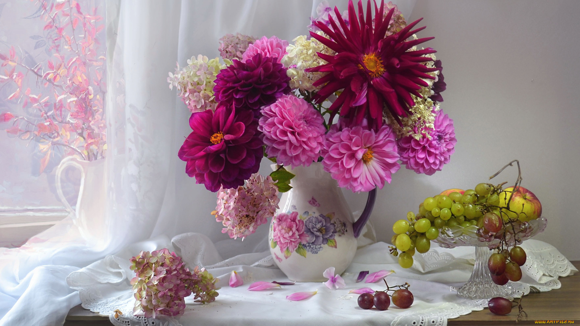еда, натюрморт, букет, георгины, яблоки, виноград