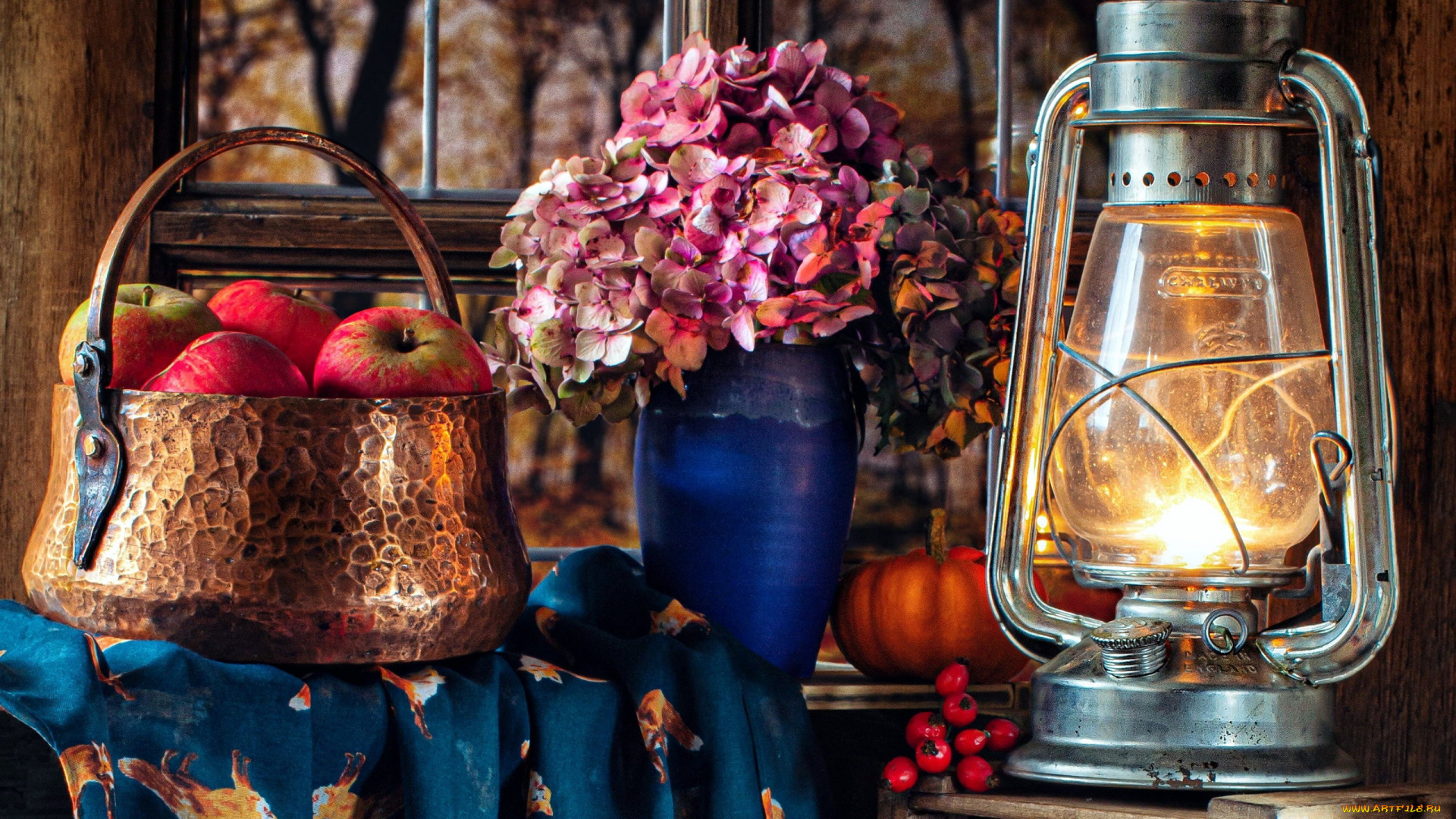 еда, натюрморт, лампа, гортензия, яблоки