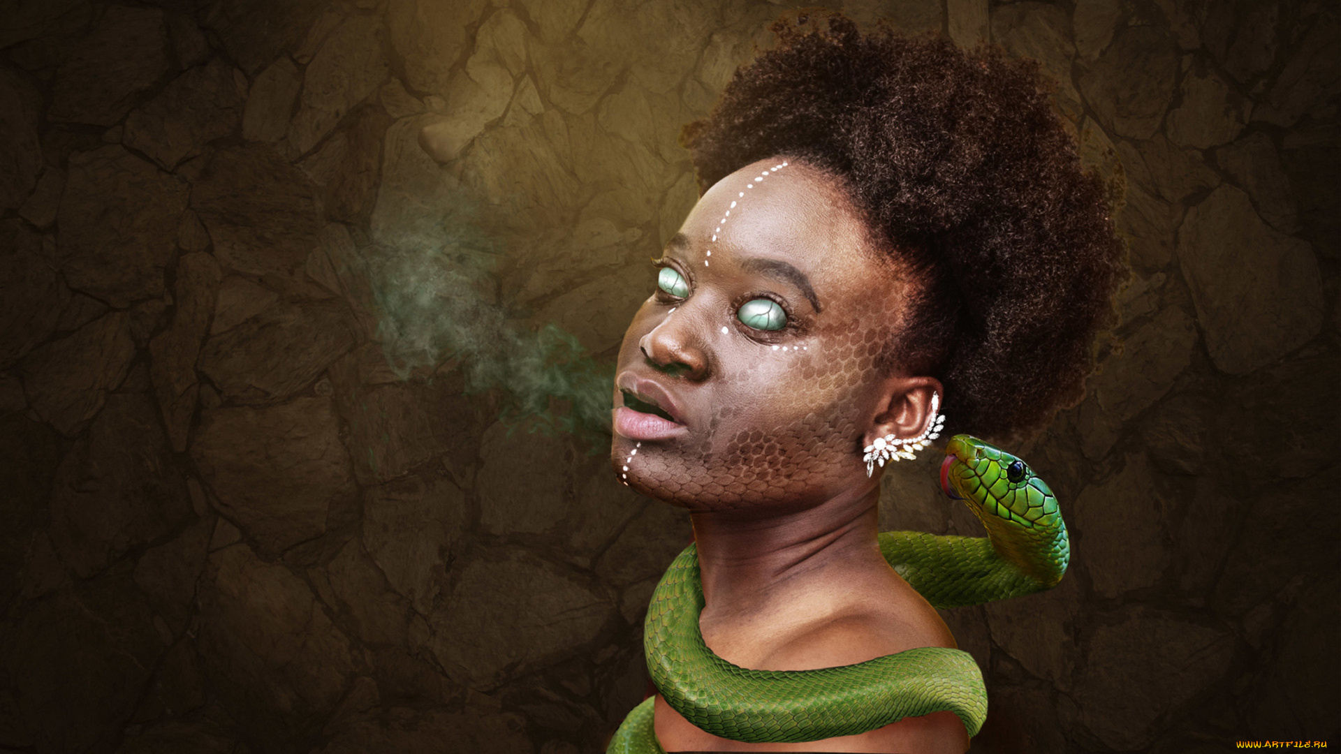 фэнтези, фотоарт, voodoo, колдунья, маг, заклинание, колдовство, нож, африка, негритянка, демон, змея, зелёная, глаза, бельмо