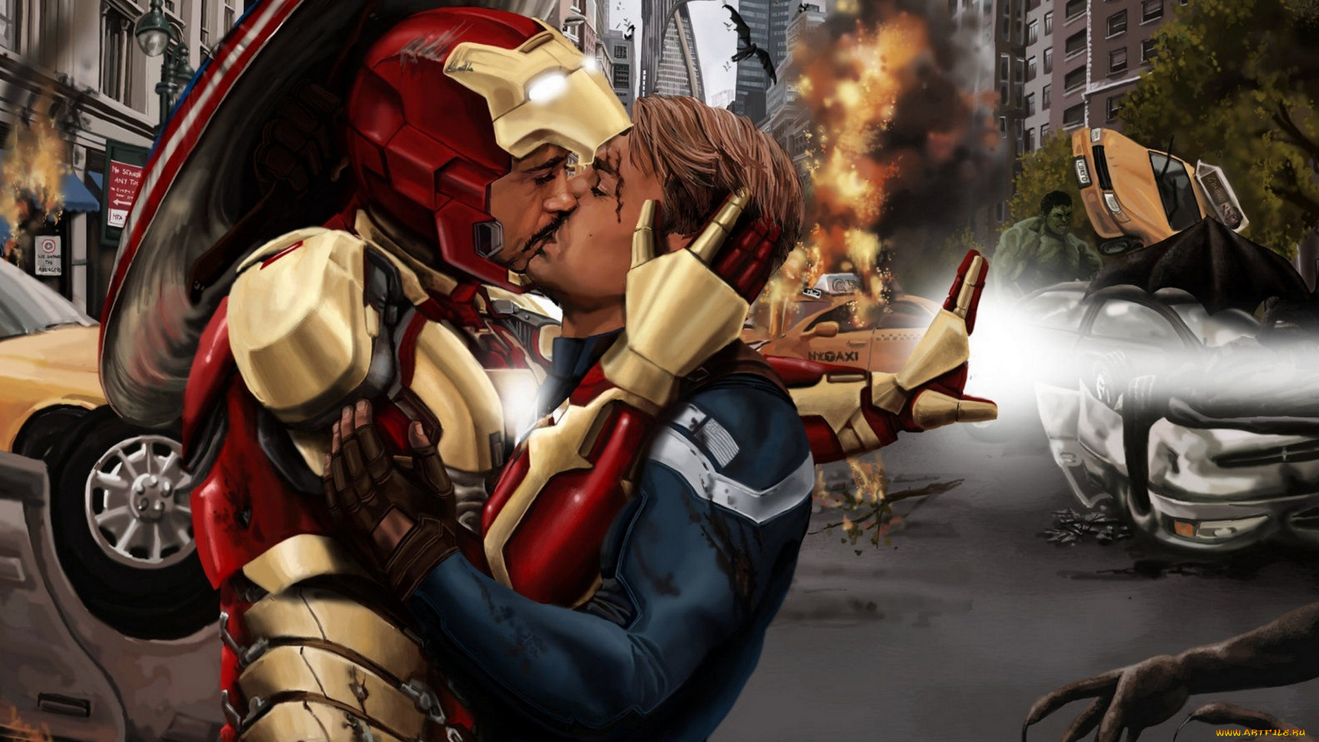 рисованное, кино, , мультфильмы, мстители, тони, старк, стив, роджерс, поцелуй