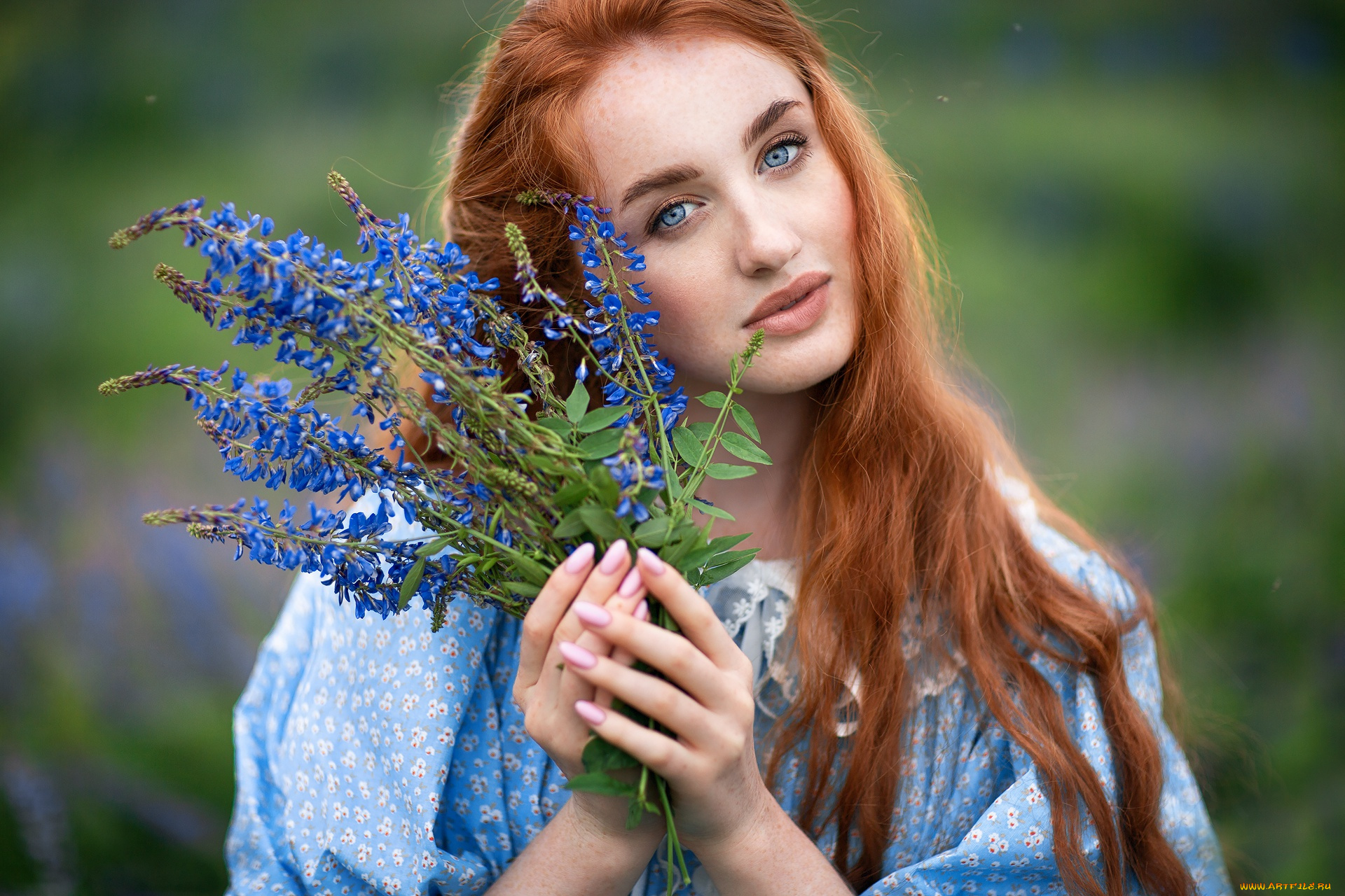 девушки, -, рыжеволосые, и, разноцветные, рыжая, лицо, цветы