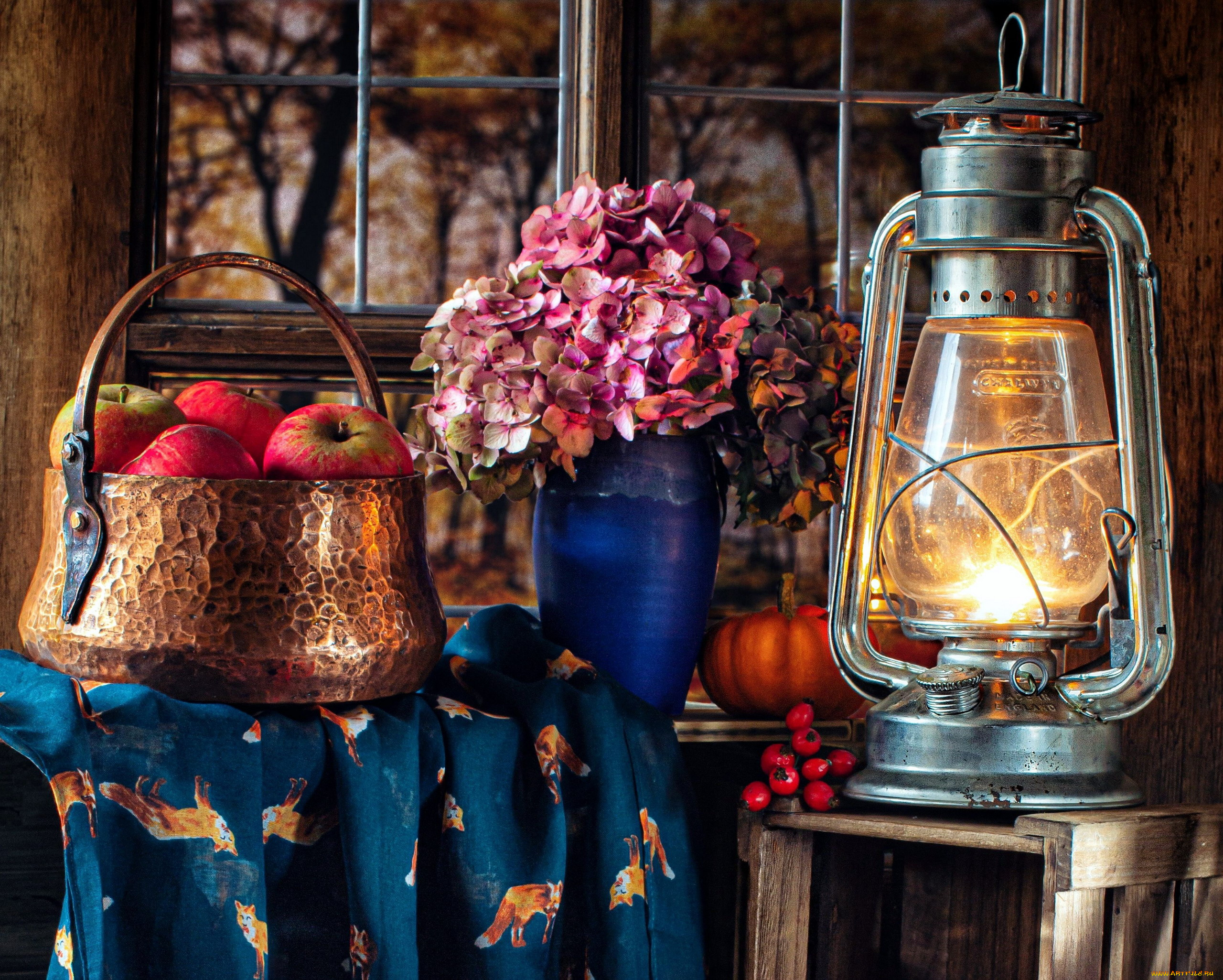 еда, натюрморт, лампа, гортензия, яблоки
