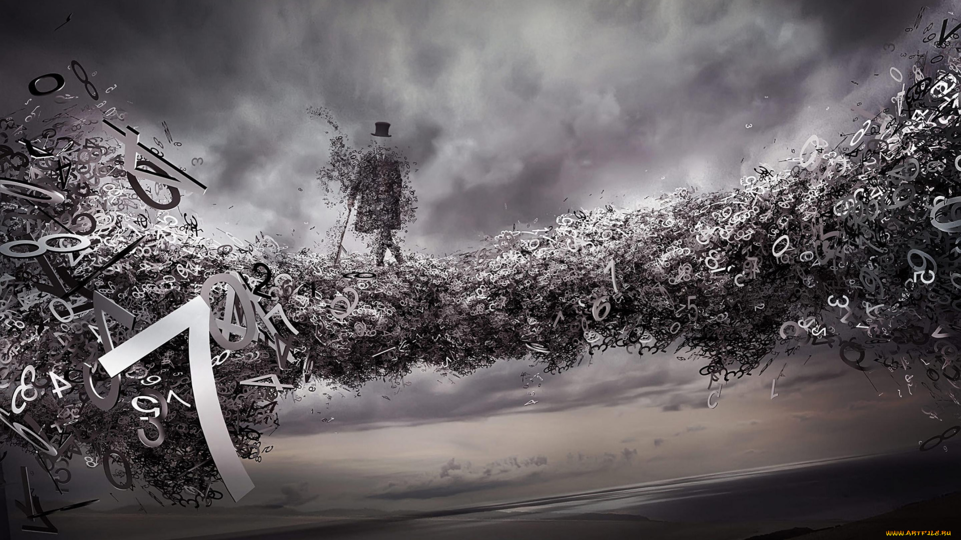 3д, графика, фантазия, , fantasy, фигура, шляпа, трость, мост, цифры